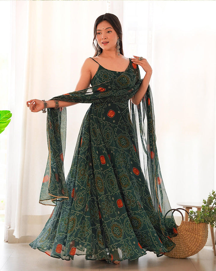 Floral dark green color bandhani print soft chiffon Anarkali gown for women