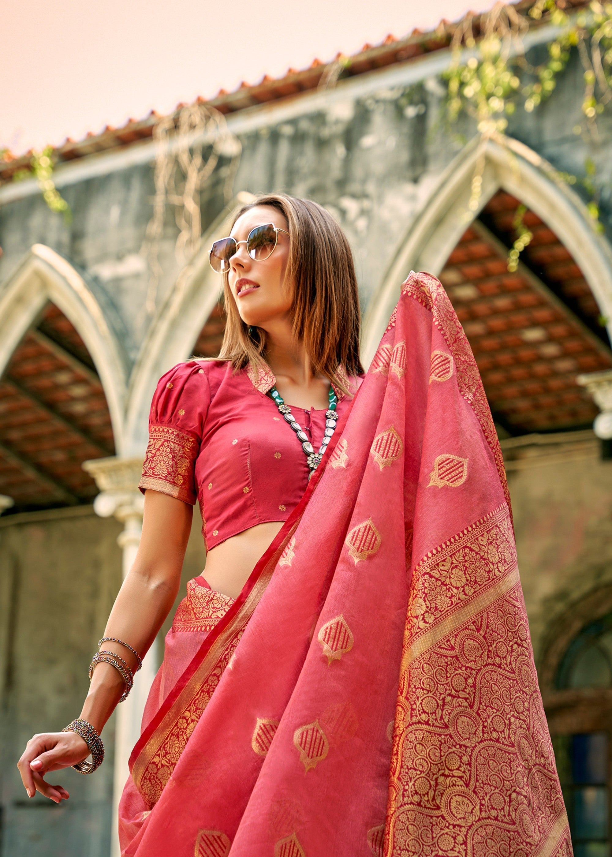 Coral Pink Soft Tissue Silk Saree With Contrast Border - qivii