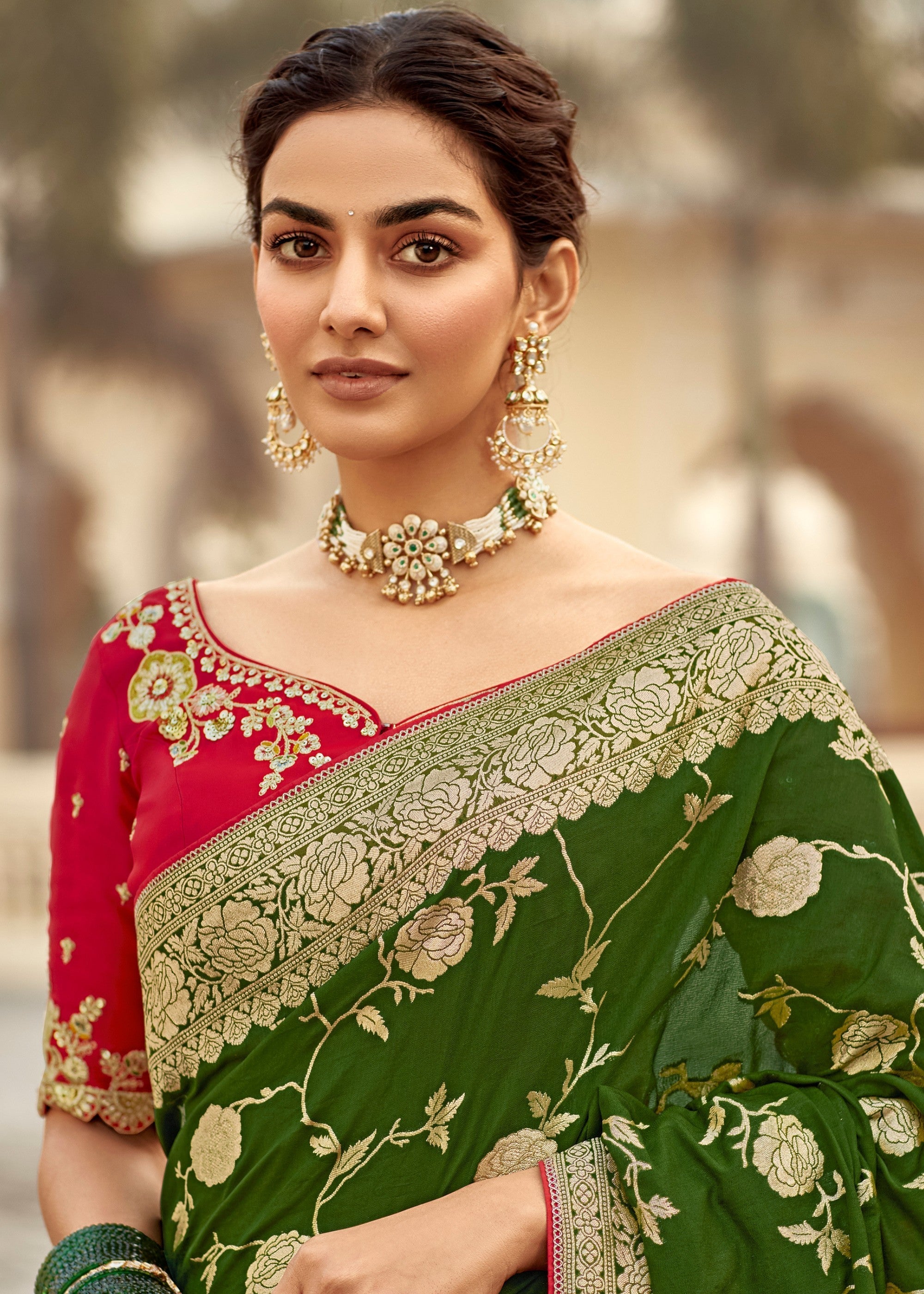 Mehendi Green Dola Silk Saree Embellished With Weaving Work And Heavy Embroidered Blouse - qivii