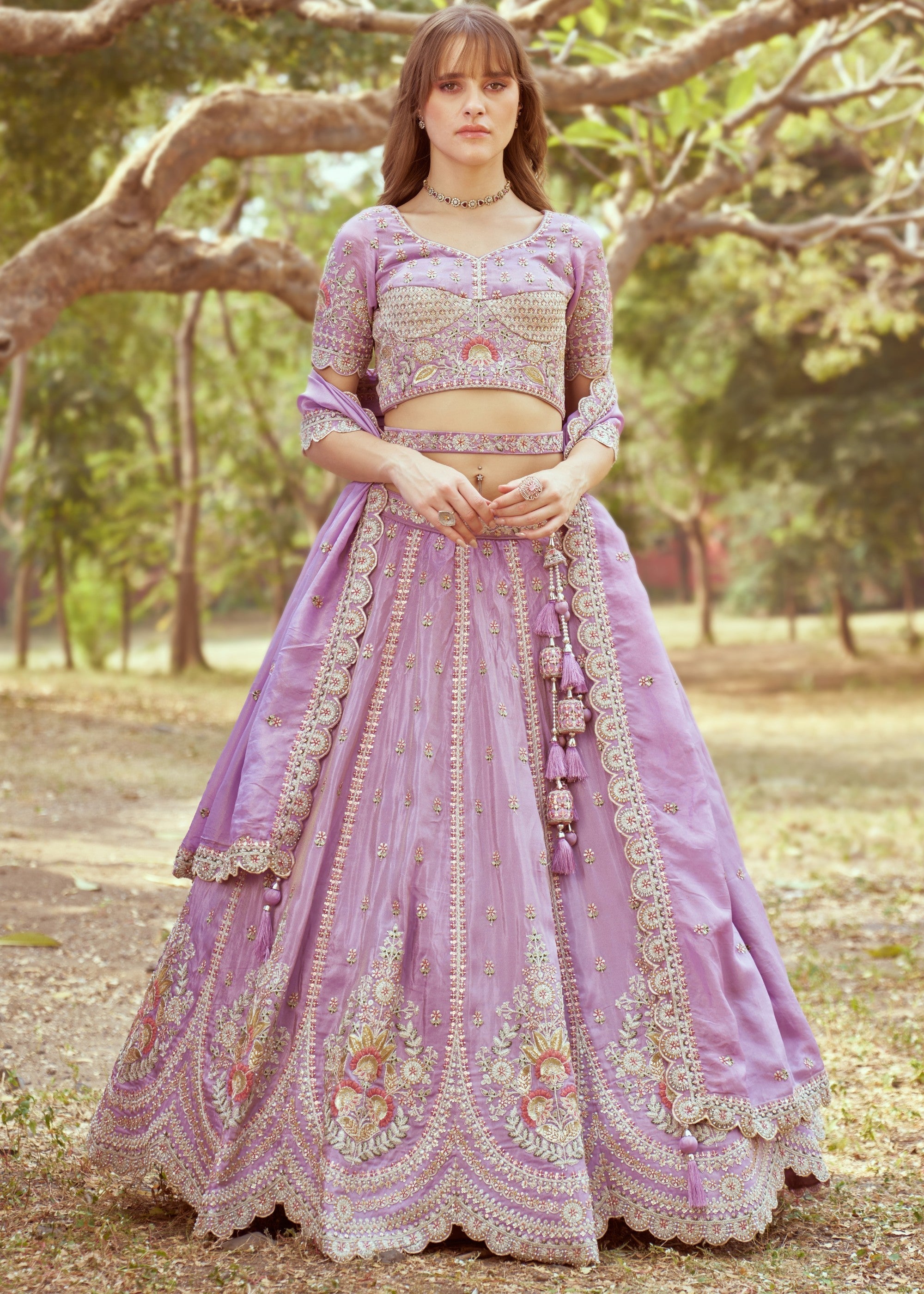 Lavender Gold crushed Tissue Fabric Moti, Zari work Lehenga | Ready To Wear - qivii