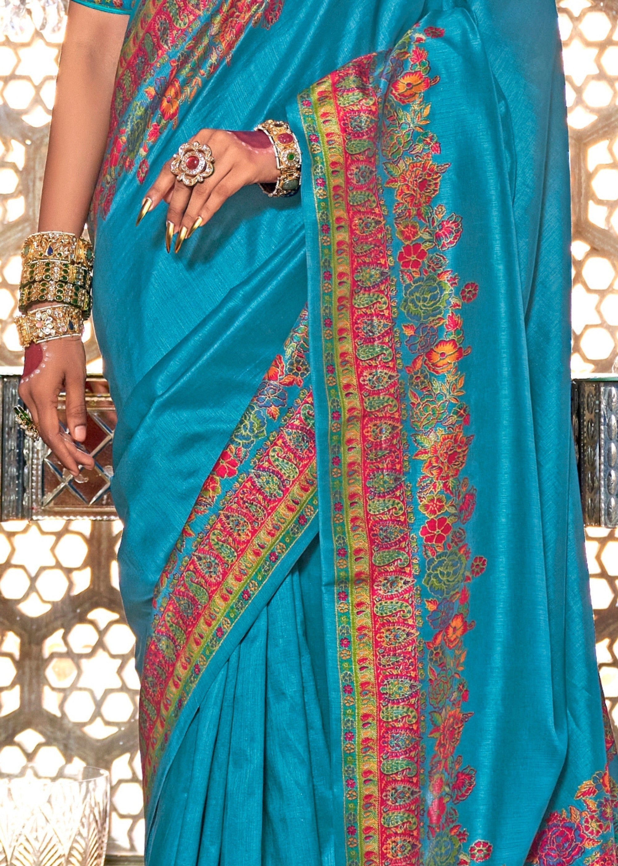 Azure Blue Silk Saree With Luxury Print And Glory Finish - qivii