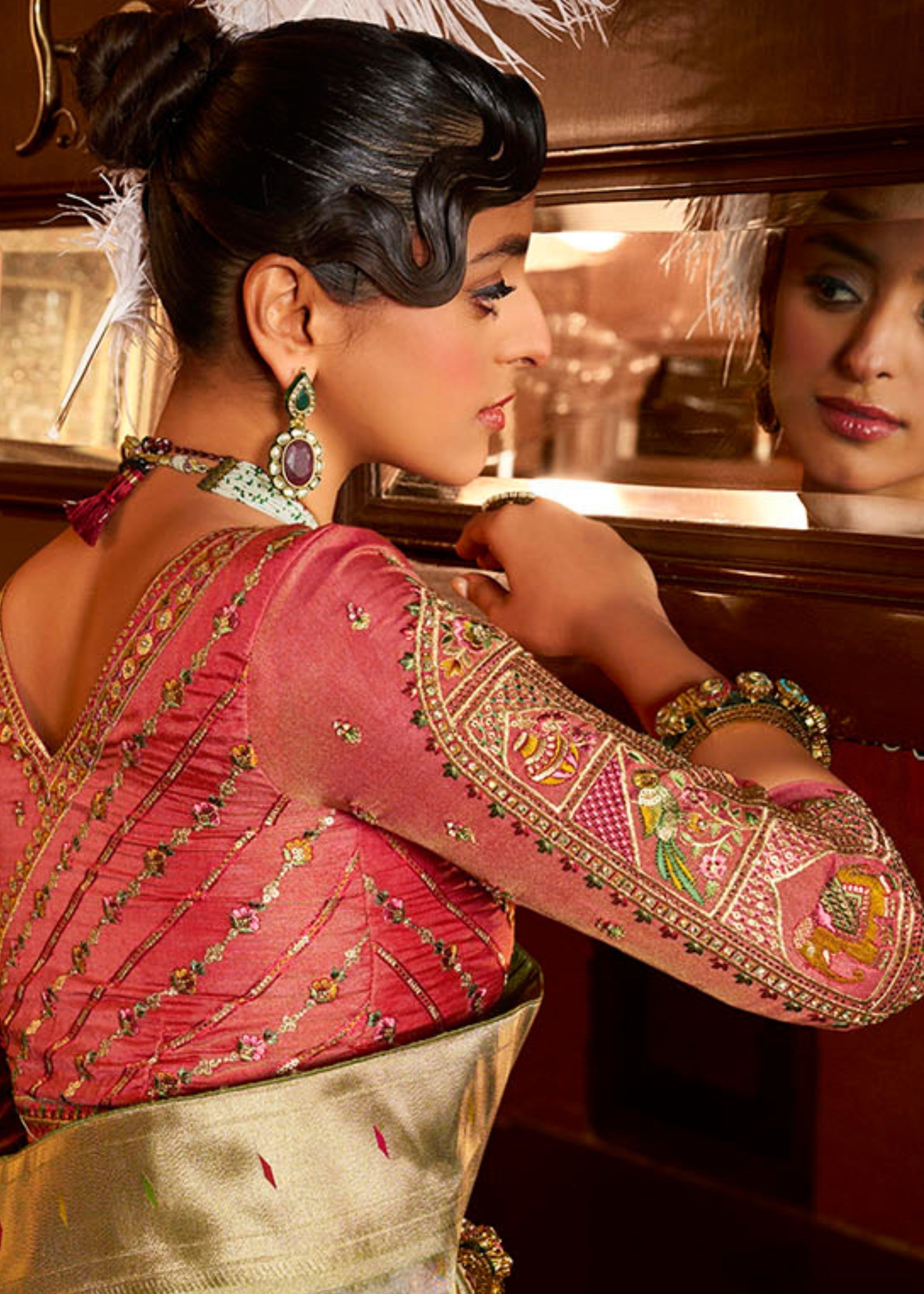 Pear Green Pure Tissue Paithani Silk Saree with Heavy Designer Embroidered Blouse - qivii