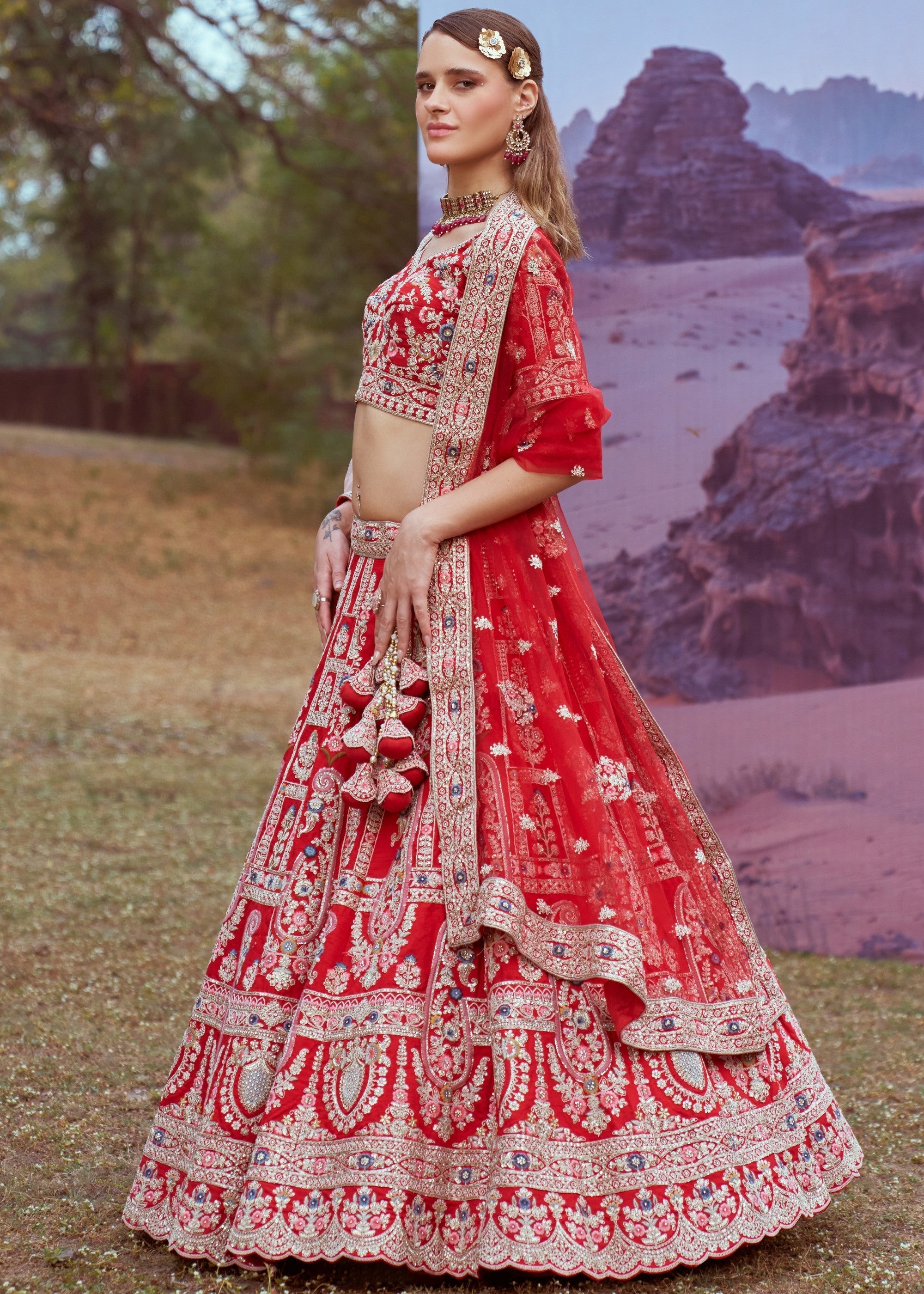 Red Pure silk Moti, Sequins embroidery Bridal Lehenga | Ready To Wear - qivii