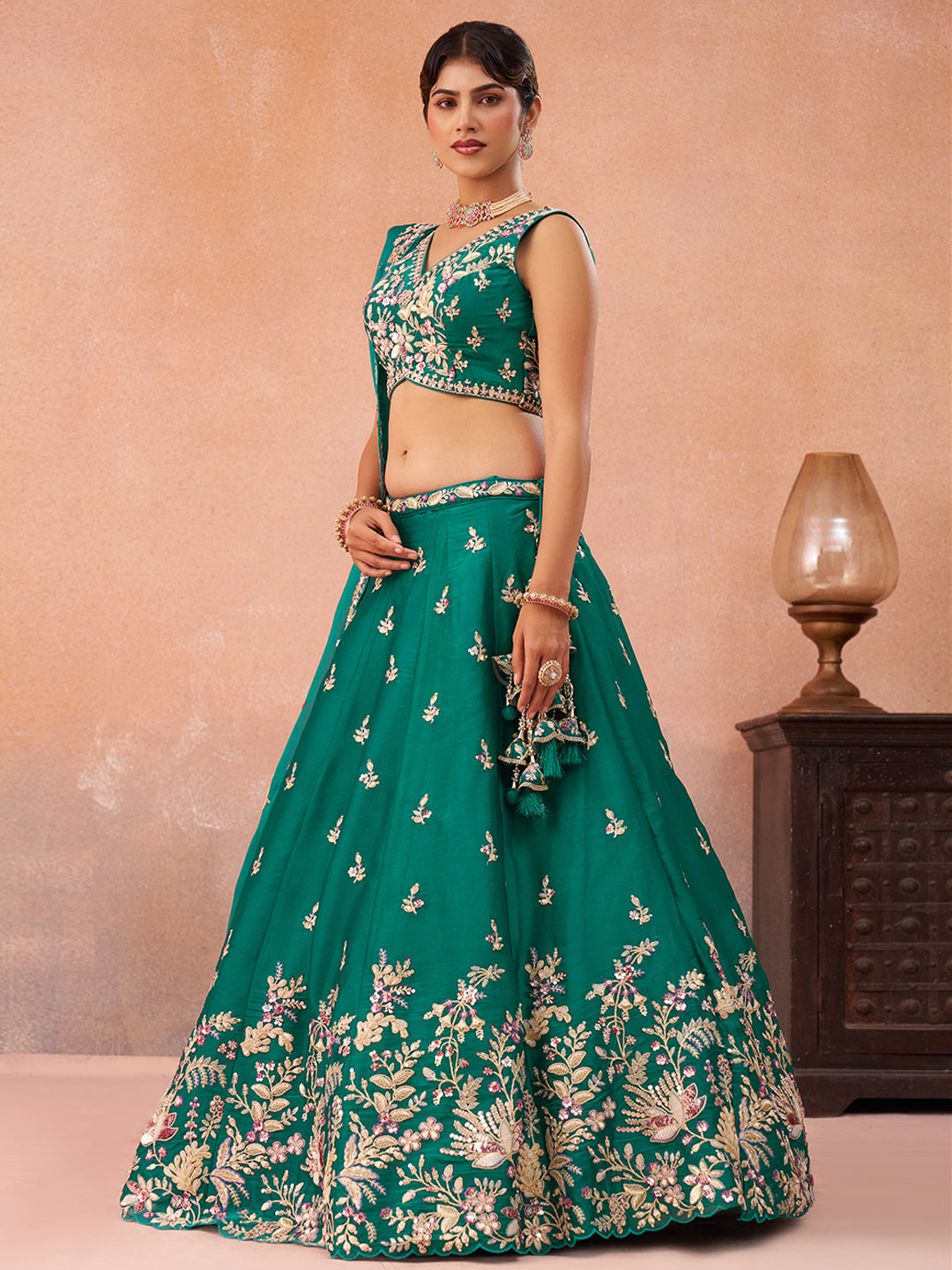 Green Tissue Sequined with Zari Embroidered Lehenga Set