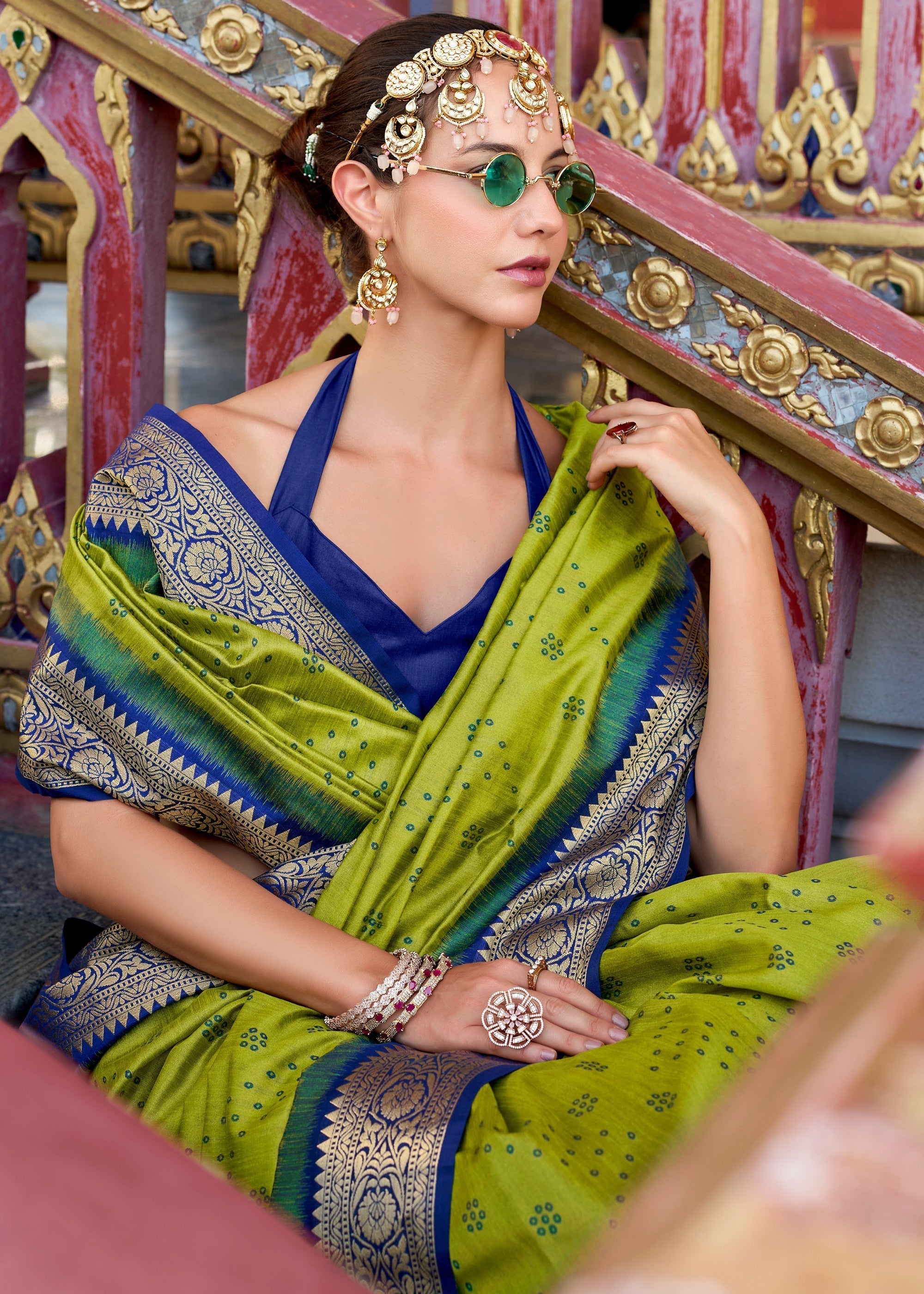 Pear Green Tusser Handloom Silk Saree With Zari Weaving Border & Patola Weaved Pallu - qivii