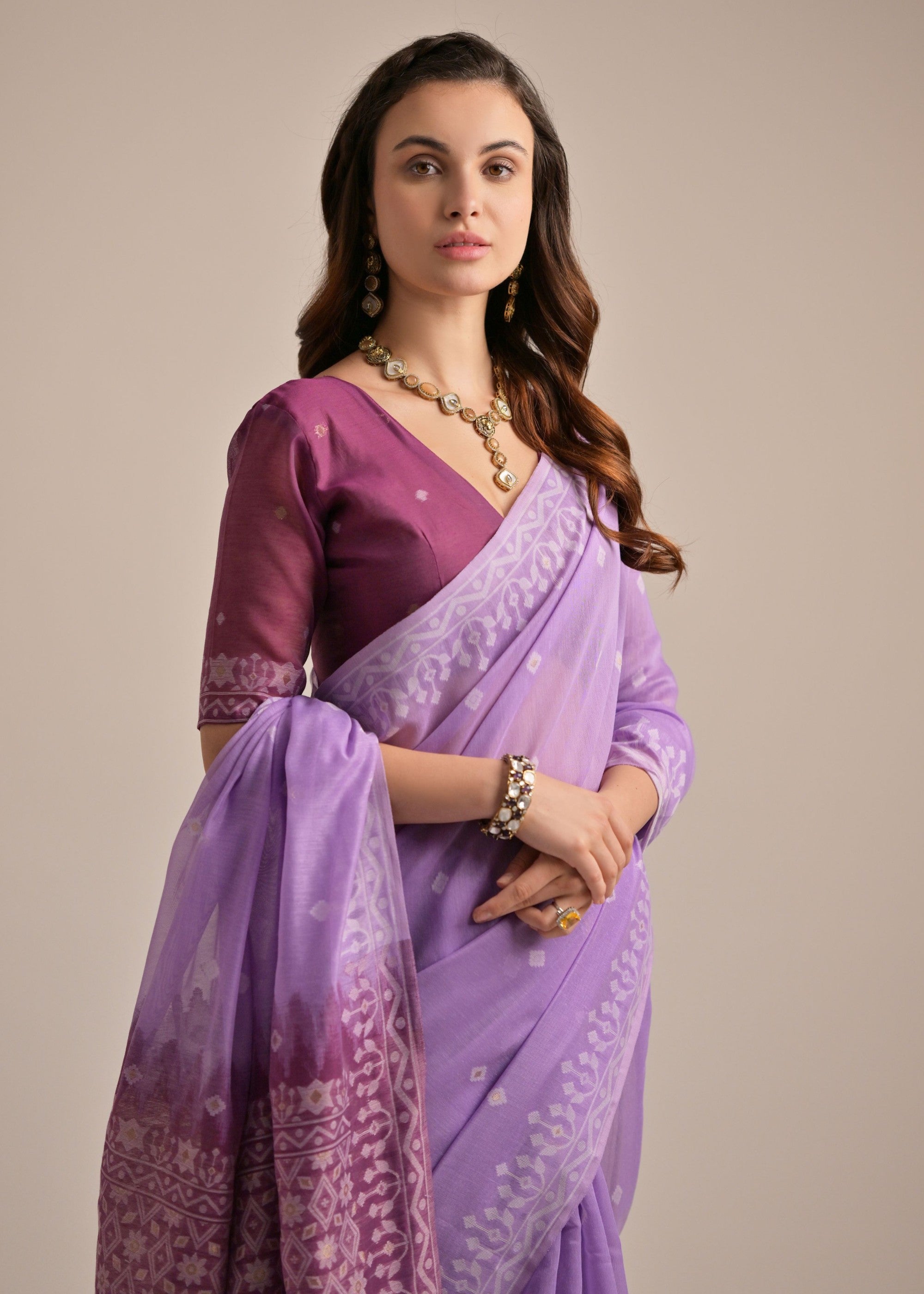 Lavender Thread Butti Lakhnawi Weaves Muga Cotton Saree With Contrast Pallu - qivii