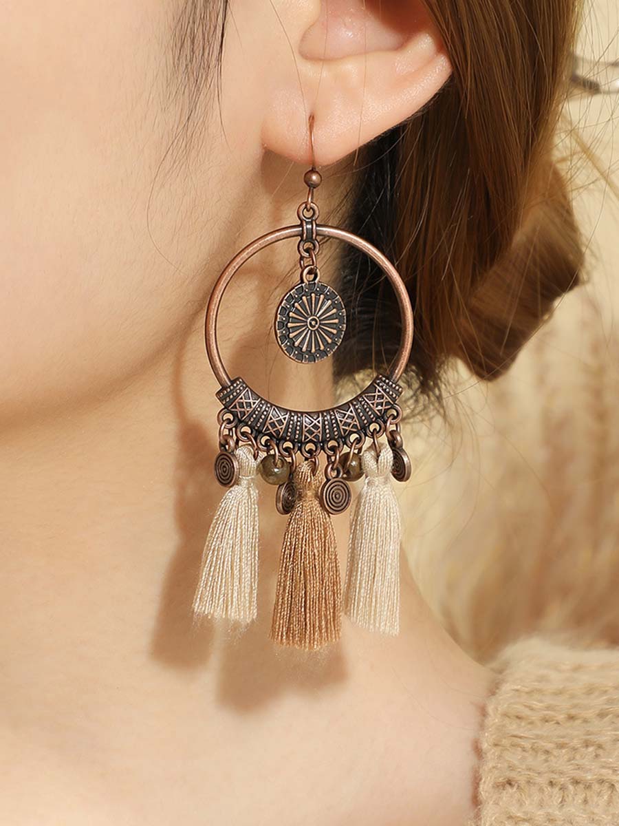 Vintage Distressed Bohemian Tassel Necklace Earrings Set  - By Qivii