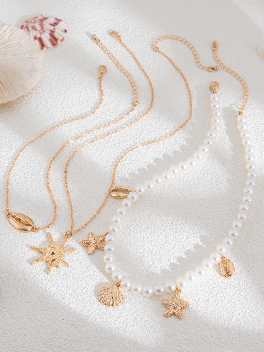 Bohemian Imitation Pearl Holiday Style Retro Starfish Shell Pendant Necklace Set  - By Qivii