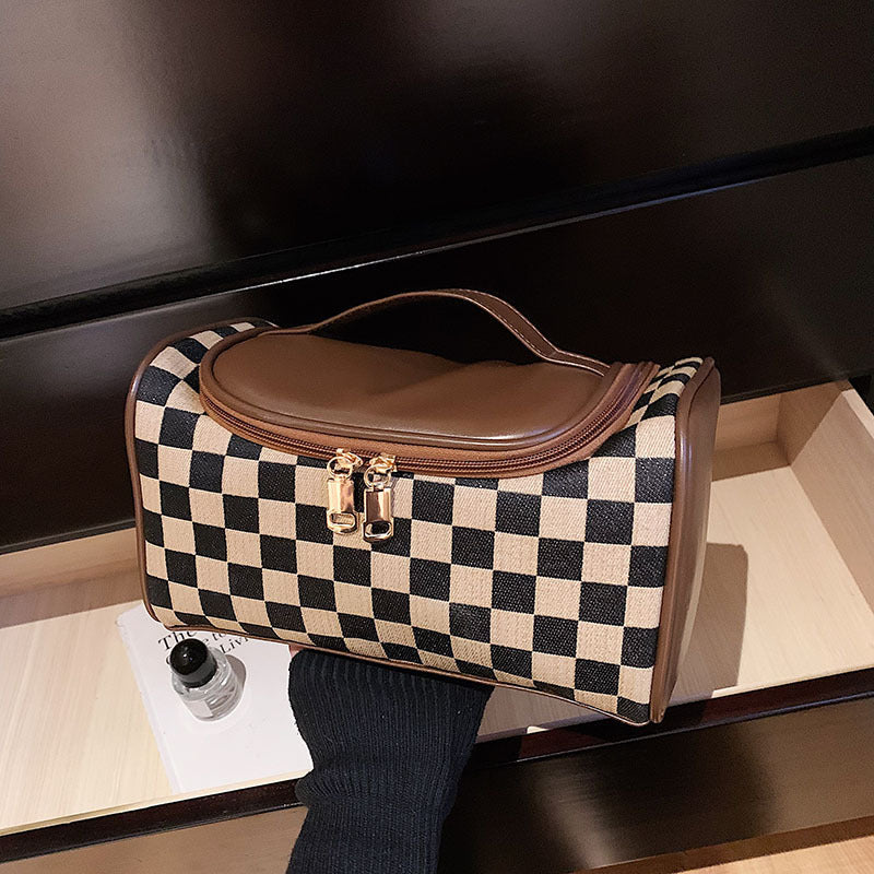 Women's Large Checkered Makeup Organizer – Oversized Travel Toiletry Bag with Zippered Pockets & Detachable Strap | Waterproof Patchwork Cosmetic Case