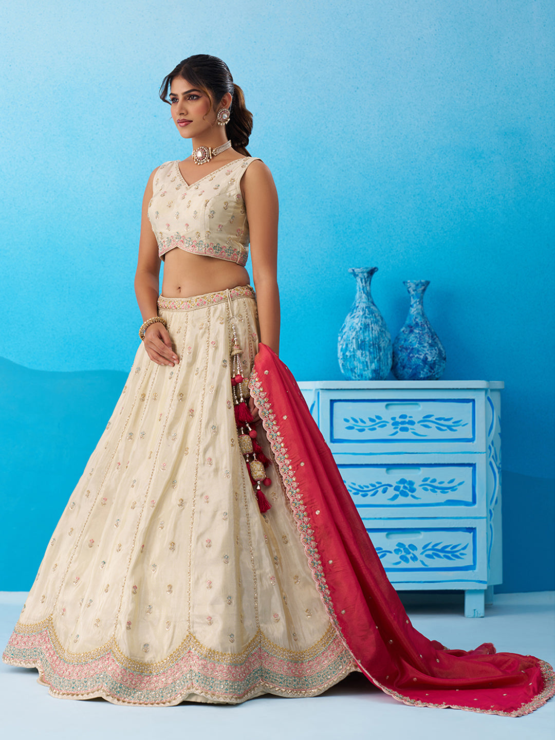 Pink Tissue Sequins Embroidered Lehenga Set