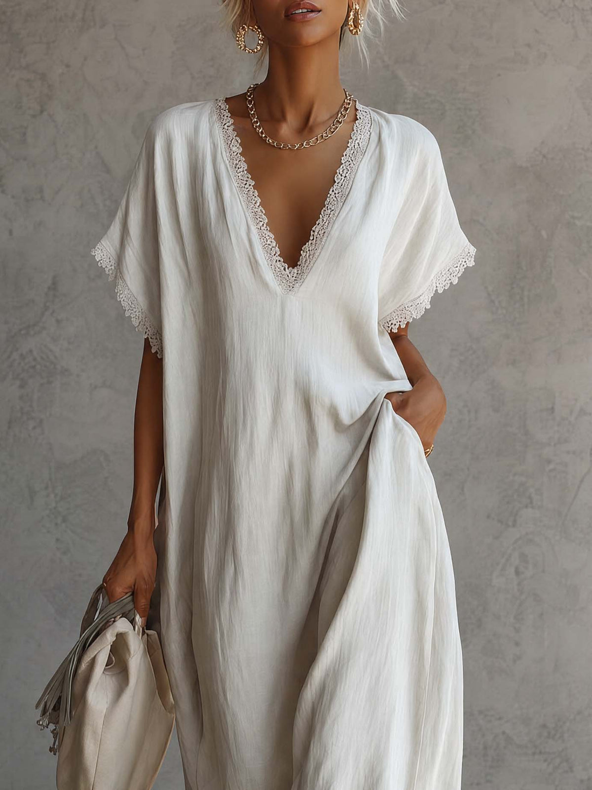 Casual Bohemian Urban V-neck Short-sleeved Lace Trim White Cotton Maxi Dress  - By Qivii