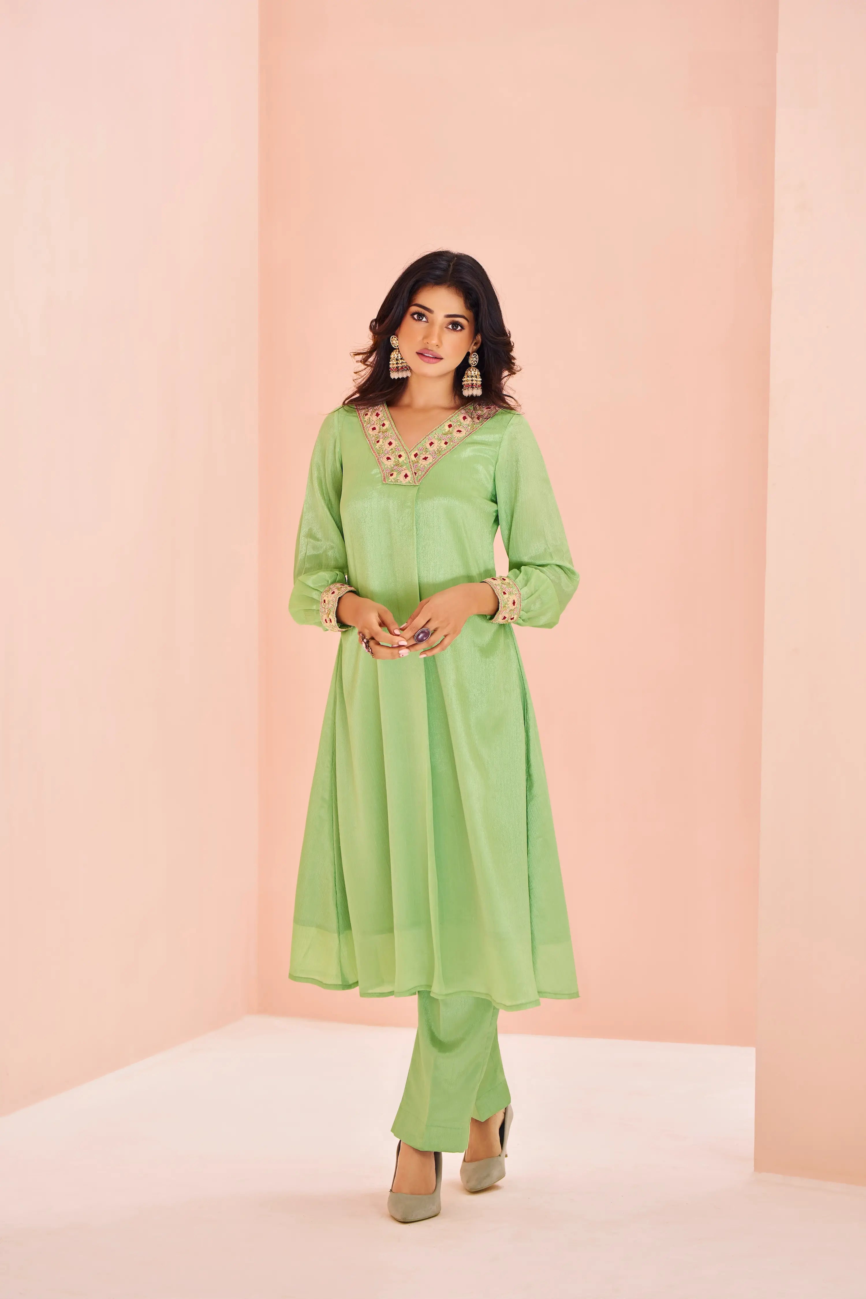 Pista Green Chinon Salwar Suit With Handwork - qivii