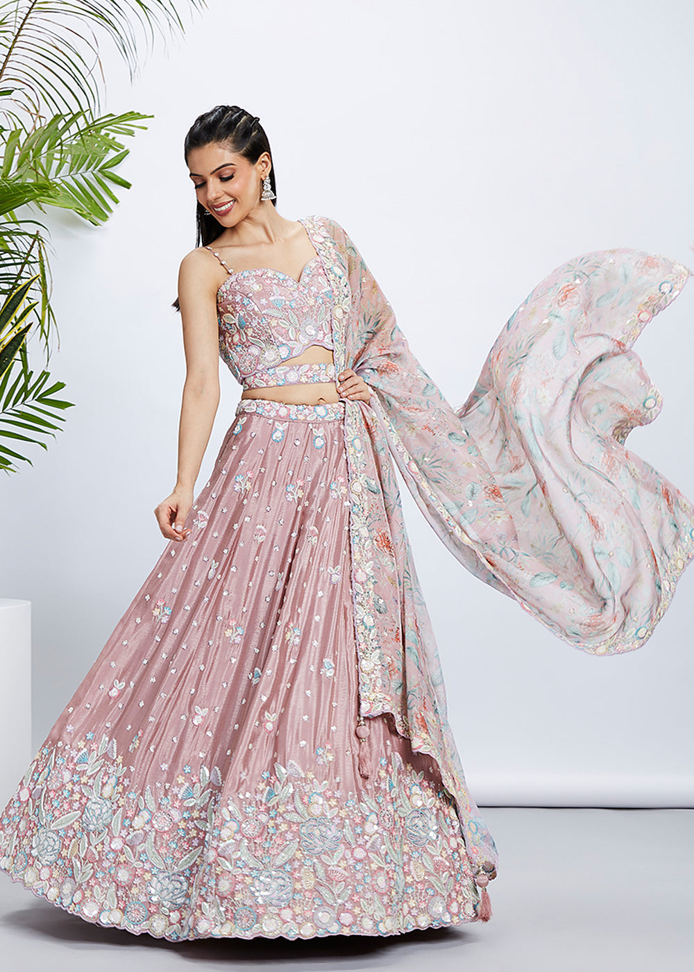 Rose Gold Chiffon Lehenga Choli with Sequins & Thread Embroidery work | Ready To Wear - qivii
