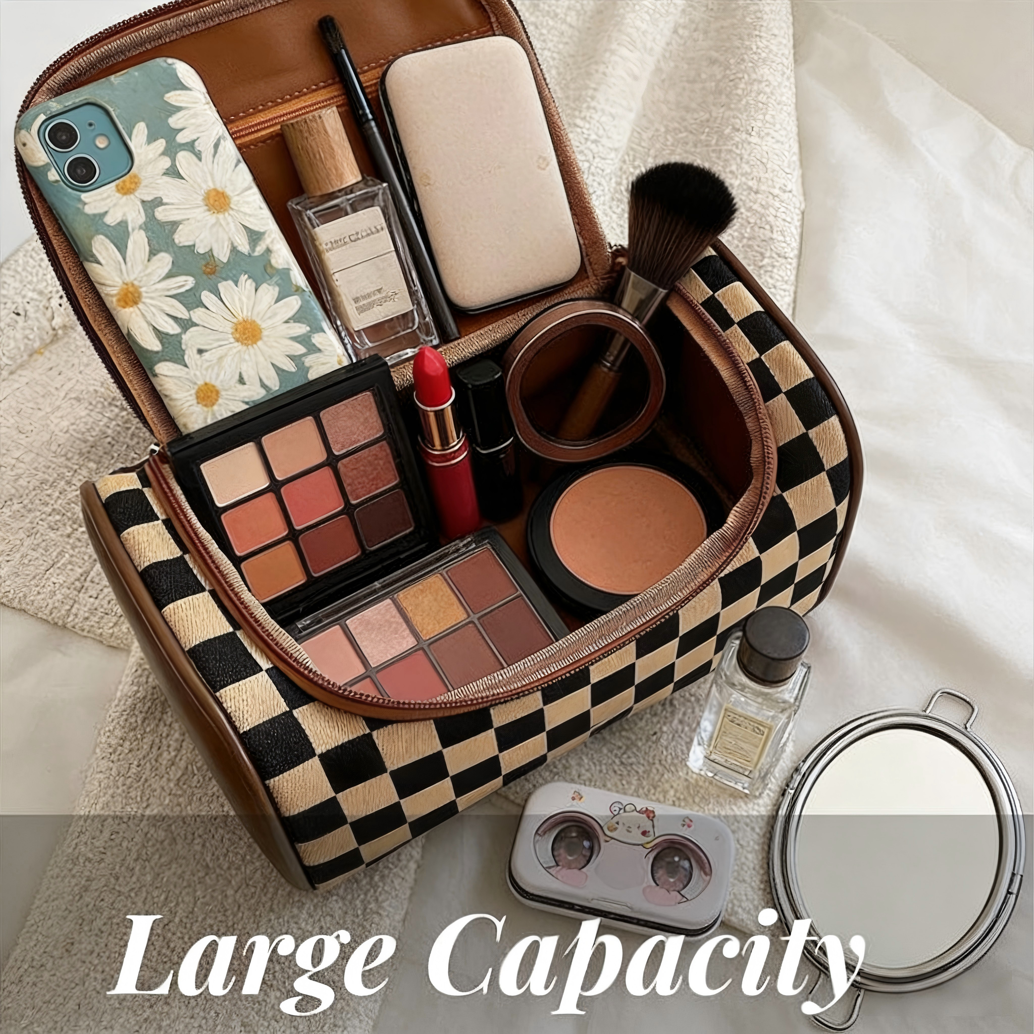 Ounamei Checkered Makeup Bag for Women | Canvas & PU Leather Large Capacity Cosmetic Organizer for Travel