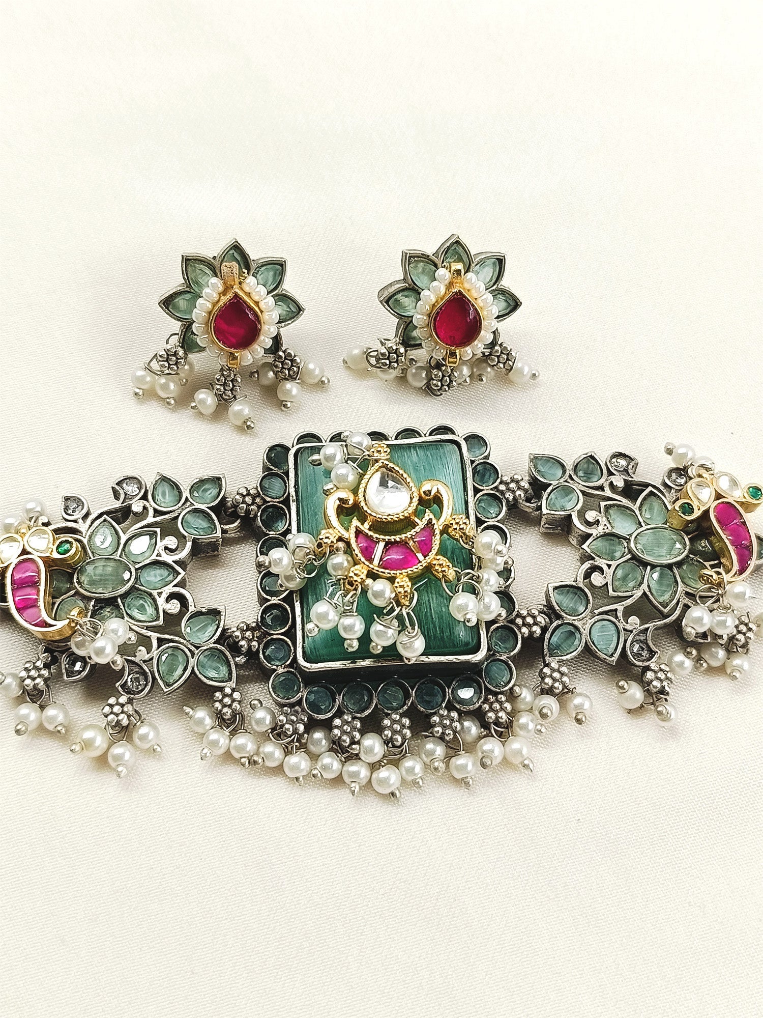 Vanshika Mint Green Oxidized Choker Set