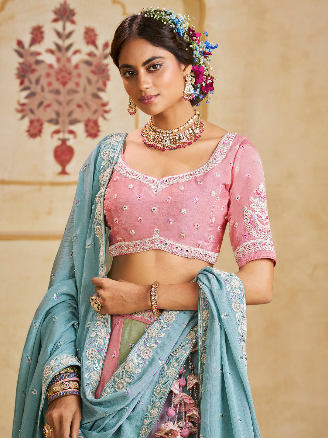 Turquoise Blue Color Poly Chiffon Fabric Sequins embroidery Lehenga choli & Dupatta - qivii