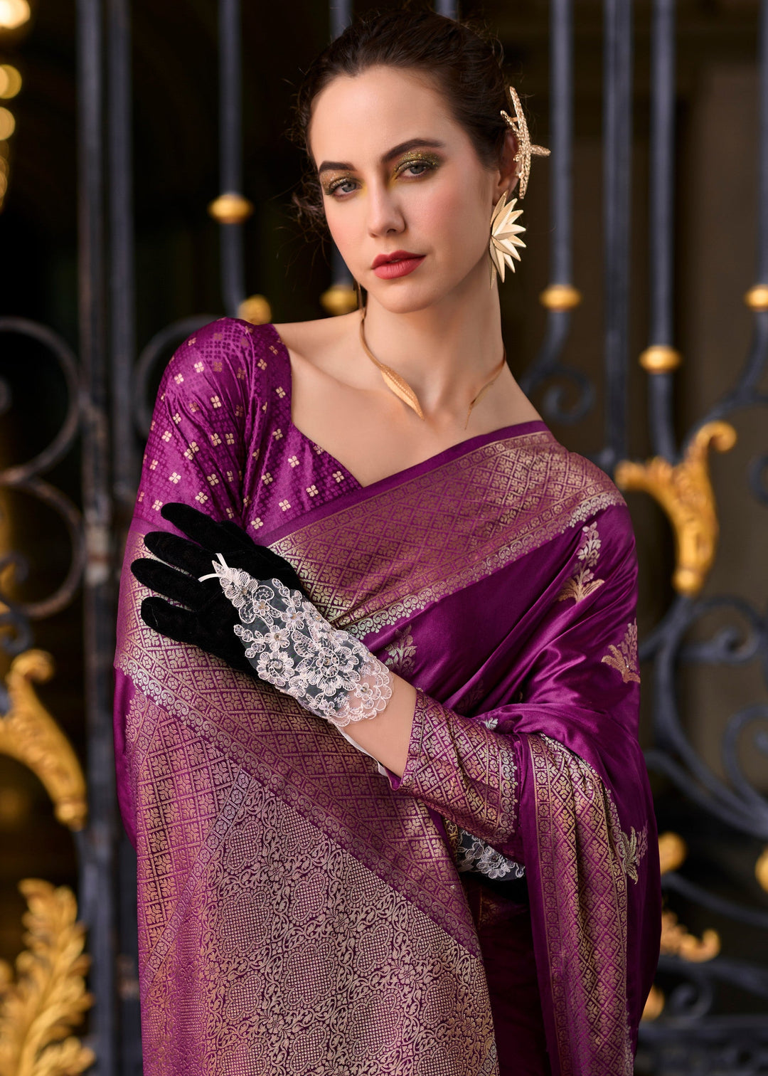 Irish Purple Satin Mungha Silk Saree