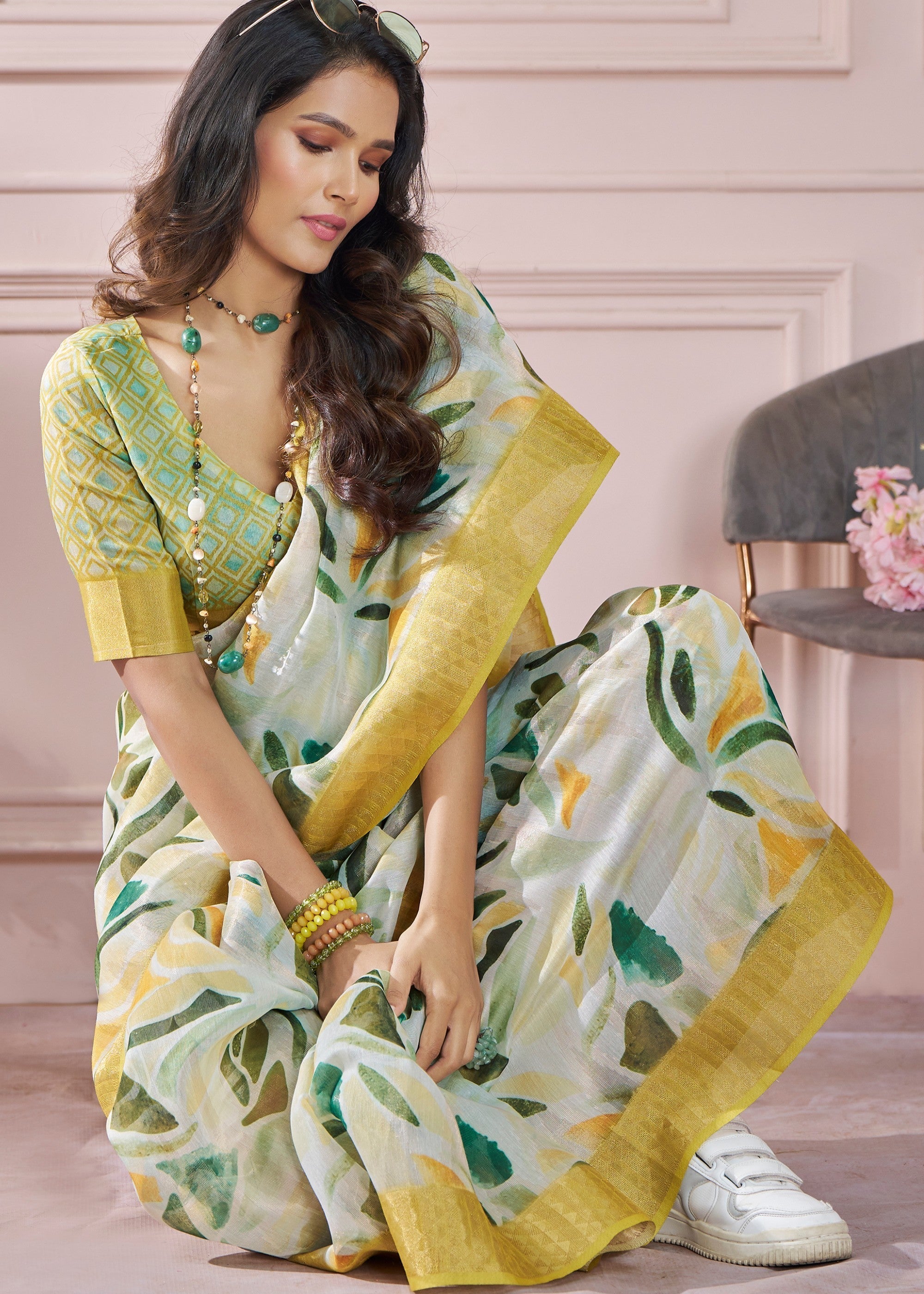 Banana Yellow Soft Zari Based Modal Silk Saree With Beautiful Colorfull Print - qivii
