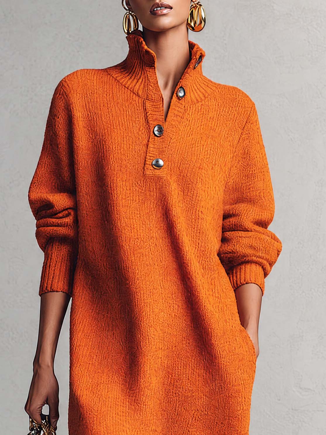 Comfortable And Fashionable Lapel Front Button Orange Knitted Midi Dress  - By Qivii