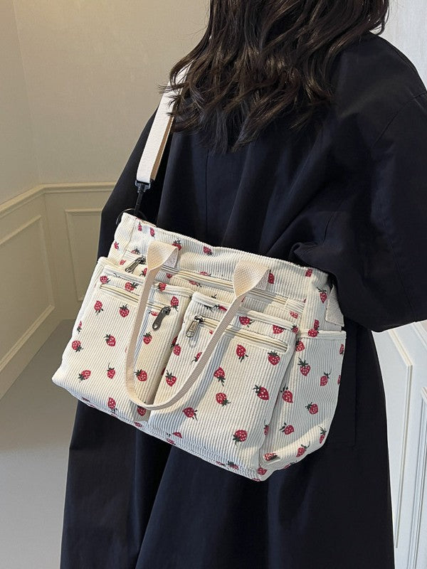 Women's Corduroy Cherry Print Tote Bag – Versatile Women's Strawberry Shoulder & Crossbody Large Capacity Mommy Bag