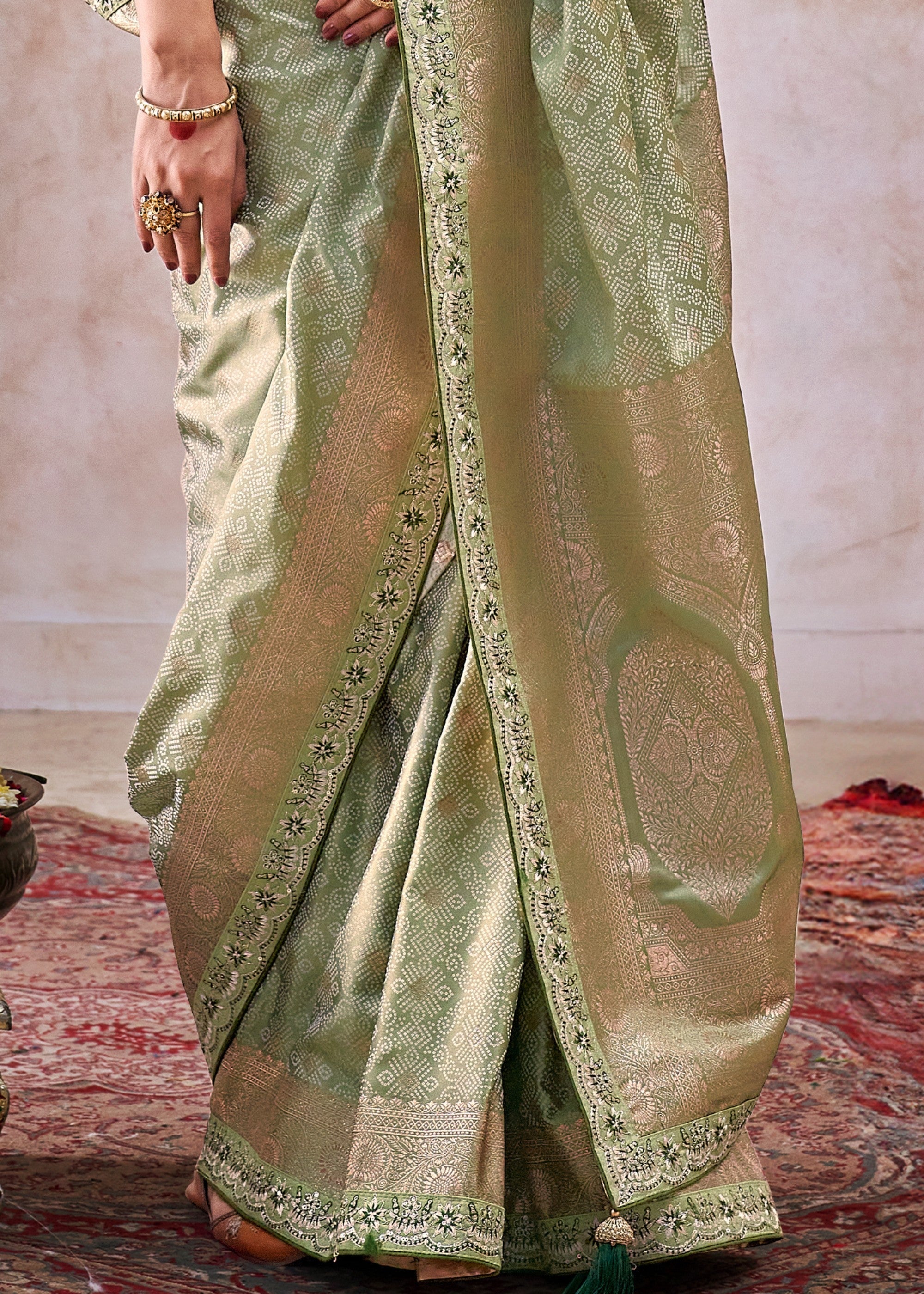Sage Green Satin Silk Saree With Heavy Embroidery Lace & Blouse - qivii