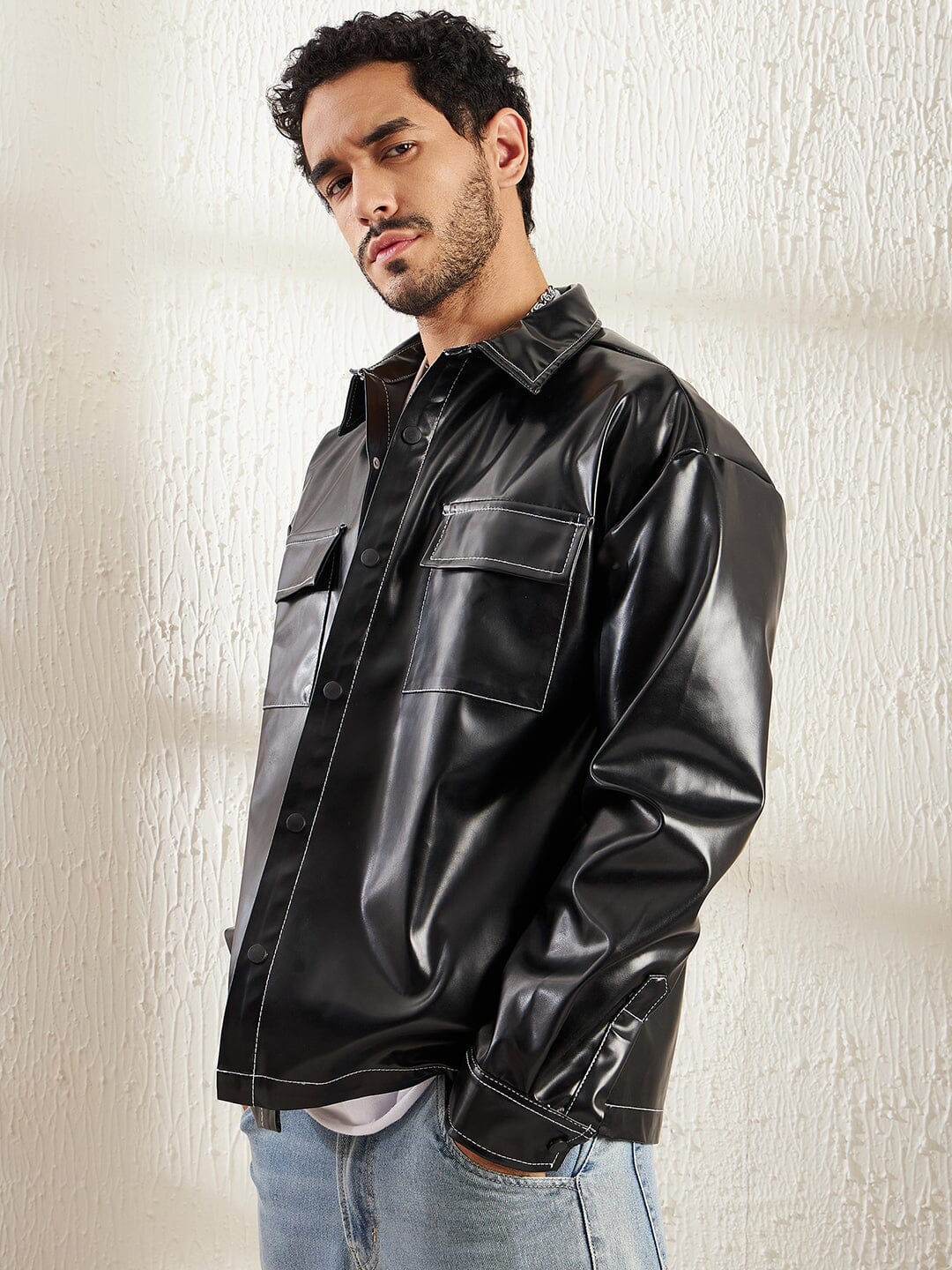 Black Contrast Stitch Pu OverShirt - qivii