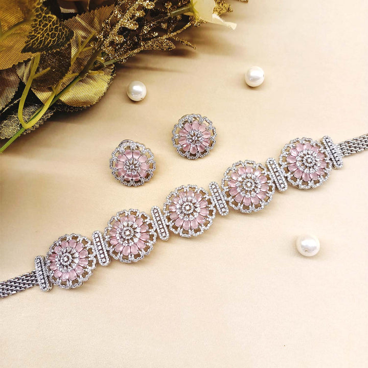 Neeya Baby Pink Diamond Silver Plated Necklace Set