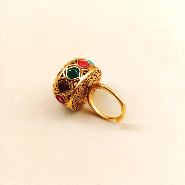 Beautifully crafted Heena Multi Colour Gold Plated Kundan Ring with intricate detailing and stunning gemstones