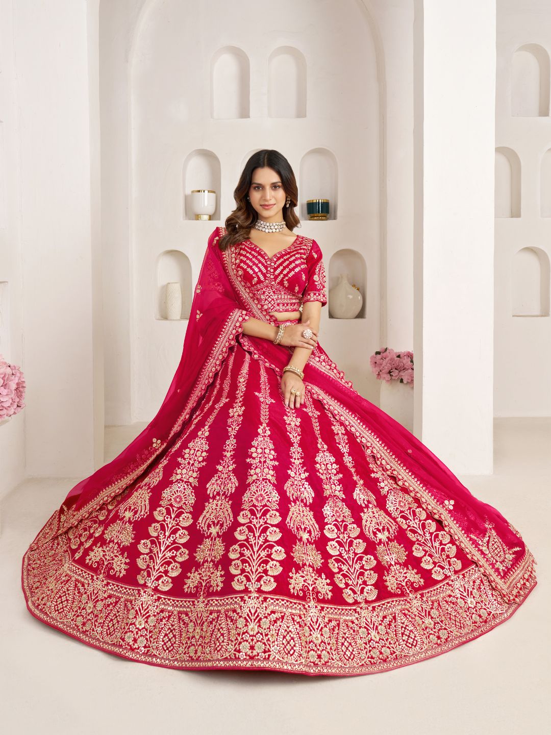 Classic Rani Silk Bridal Lehenga with Floral Zari Embroidery