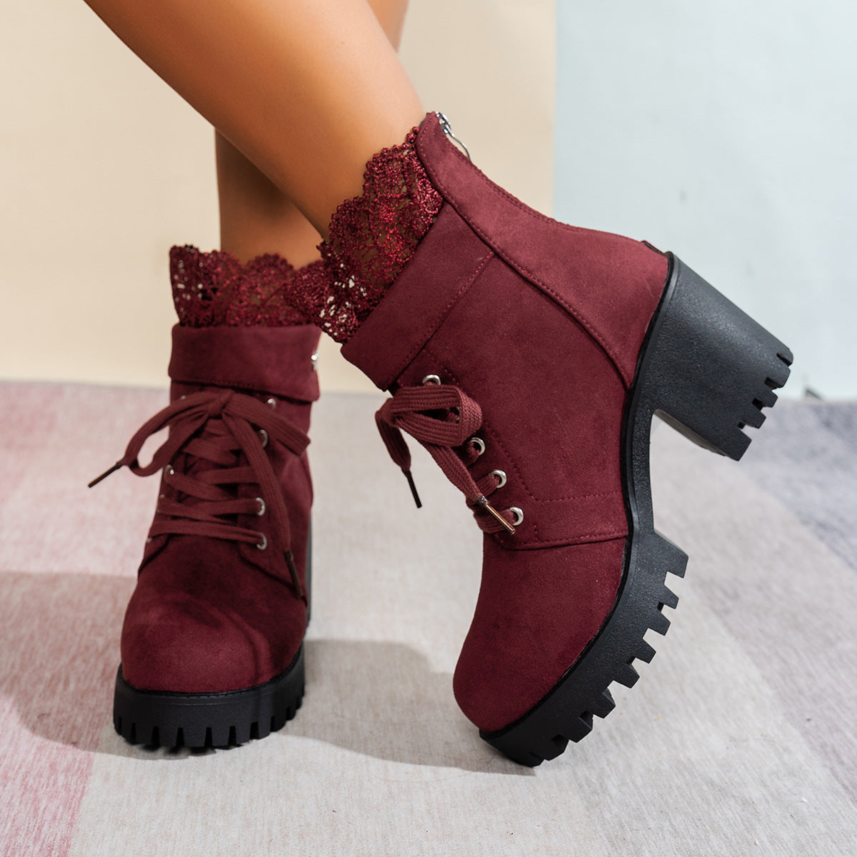 Women's Lace & Suede Heeled Boots - Chunky Heel Round Toe Vintage Ankle Boots (US 5-10.5)