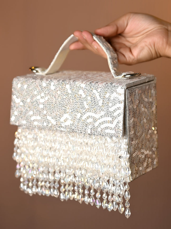 Aksha Silver White Sequence Box Style Clutch