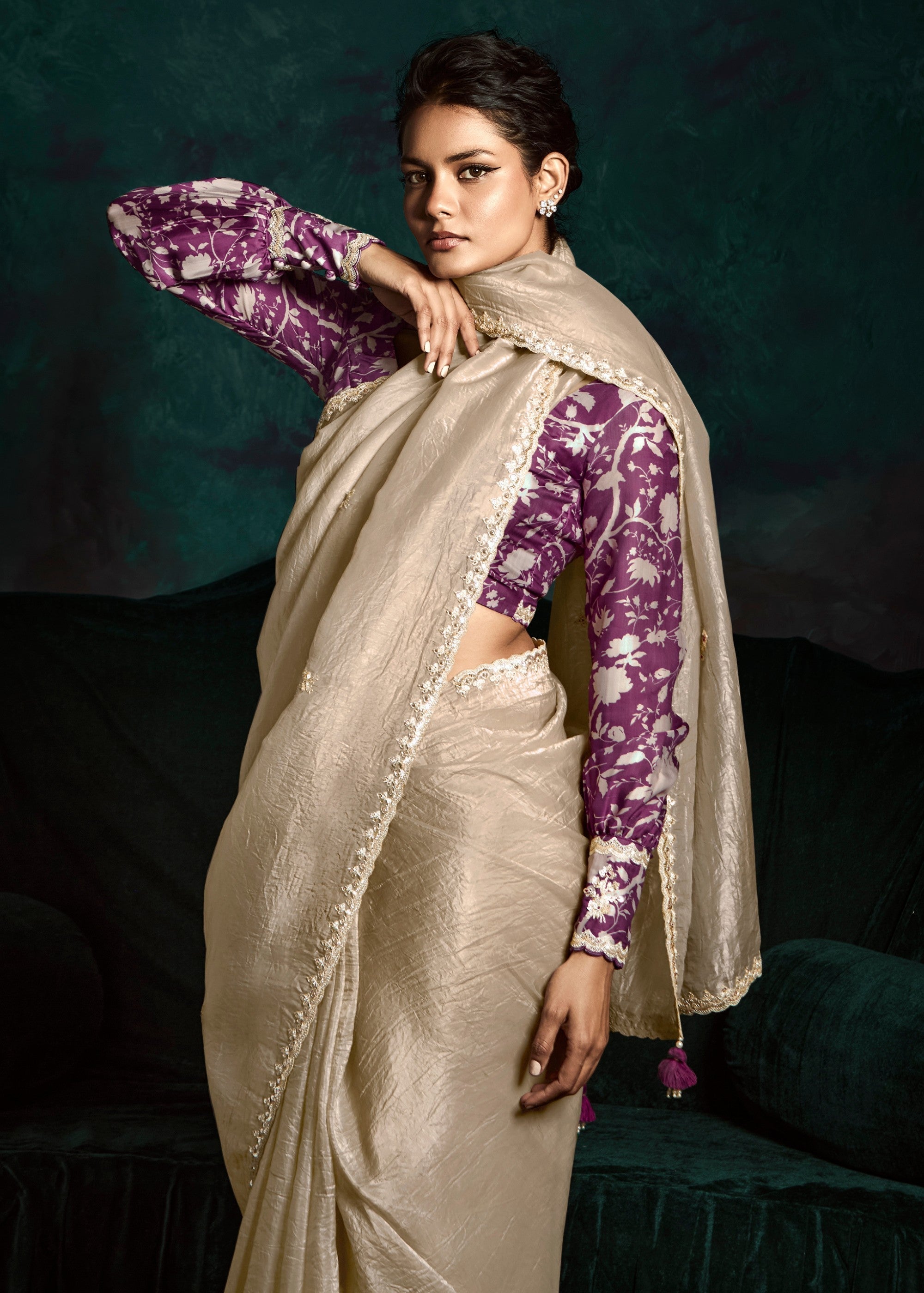 Beige Golden Fancy Fabric Silk Saree With Sequins And Thread Embroidered Butti Work - qivii
