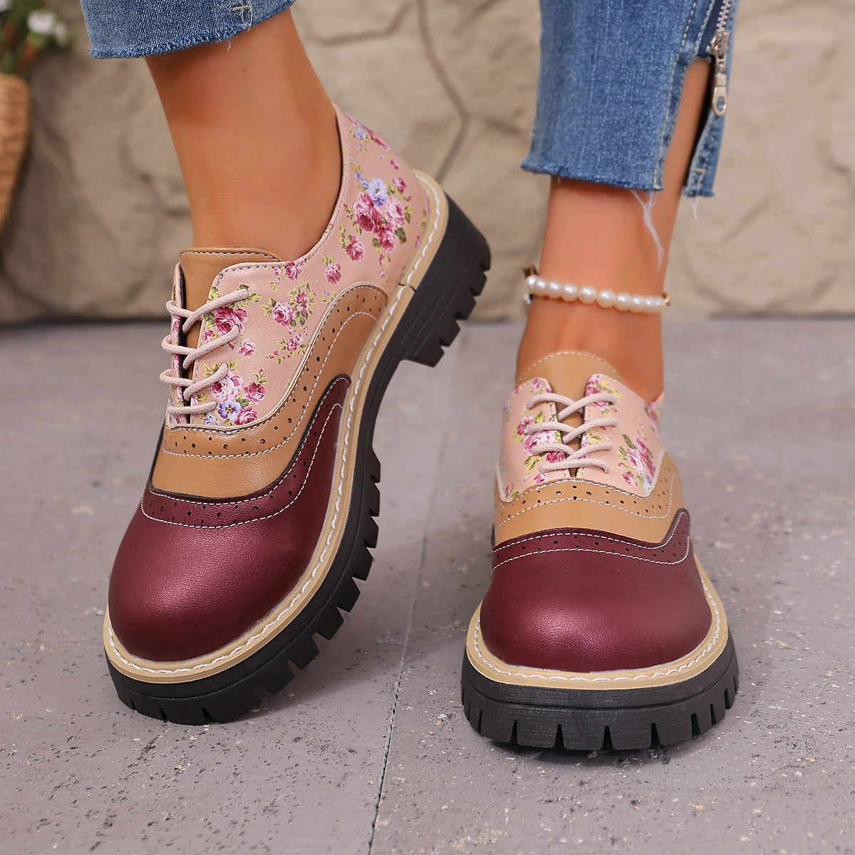 Women's Maribel Floral Brogue Shoes - Color-Block Chunky Platform Lace-Up Oxfords with Lug Sole (US 5-10.5)