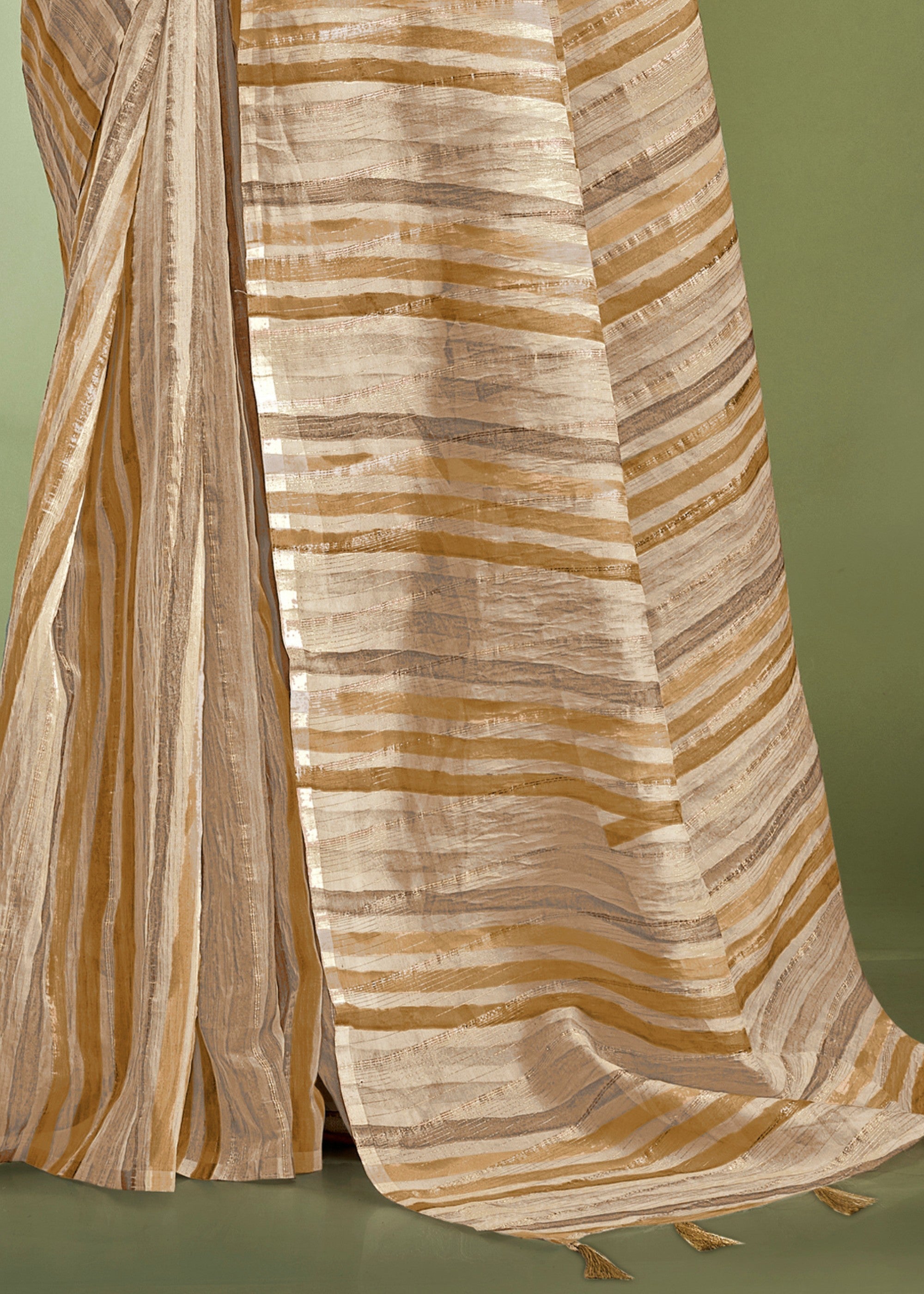 Golden Brown Tissue Based Fancy Silk Saree With Designer Blouse - qivii