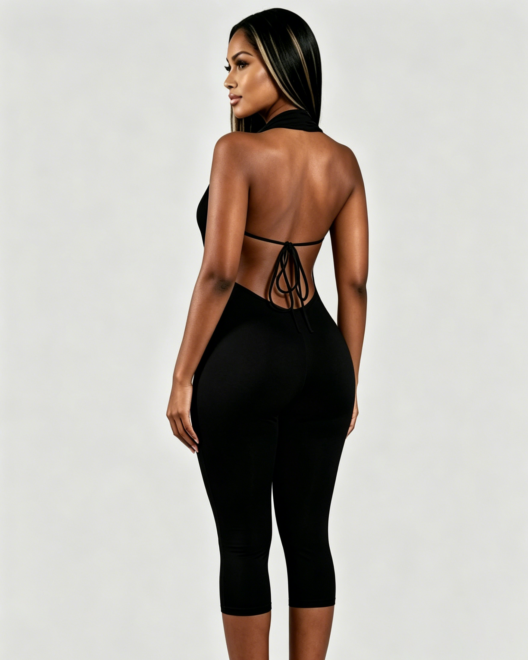 V Neck Halter Open Back Tie Capri Jumpsuit  - By Qivii