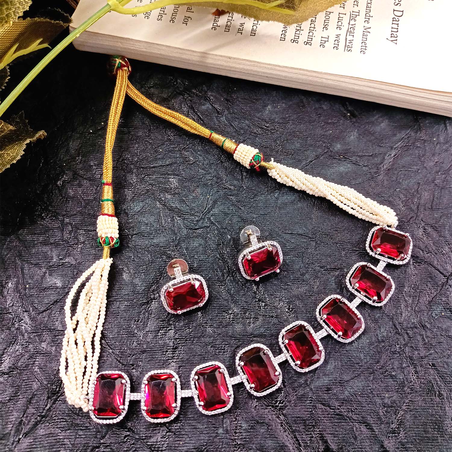 Saaleha Ruby Diamond Stone Silver Plated Choker Set - qivii