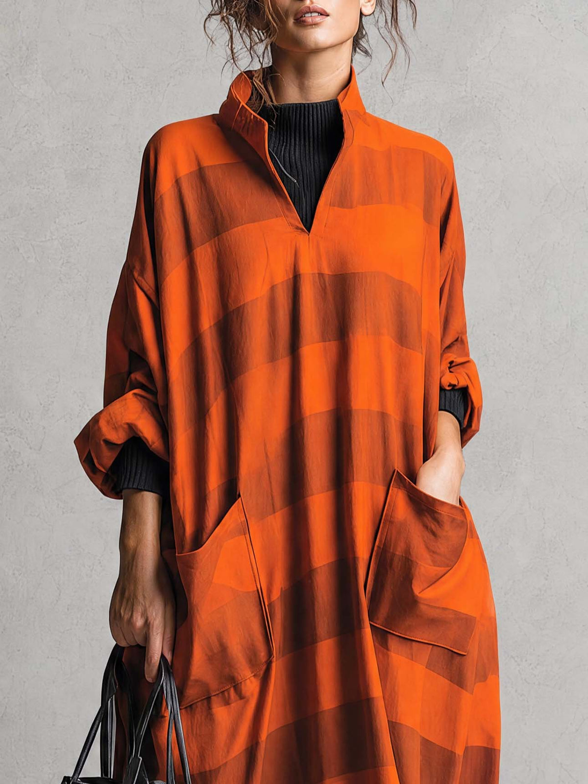 Vintage Fashion Ultra Loose V-neck Large Pockets Orange And Brown Wide Striped Maxi Dress  - By Qivii