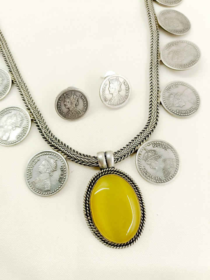 Amina Yellow German Silver Oxidized Necklace Set