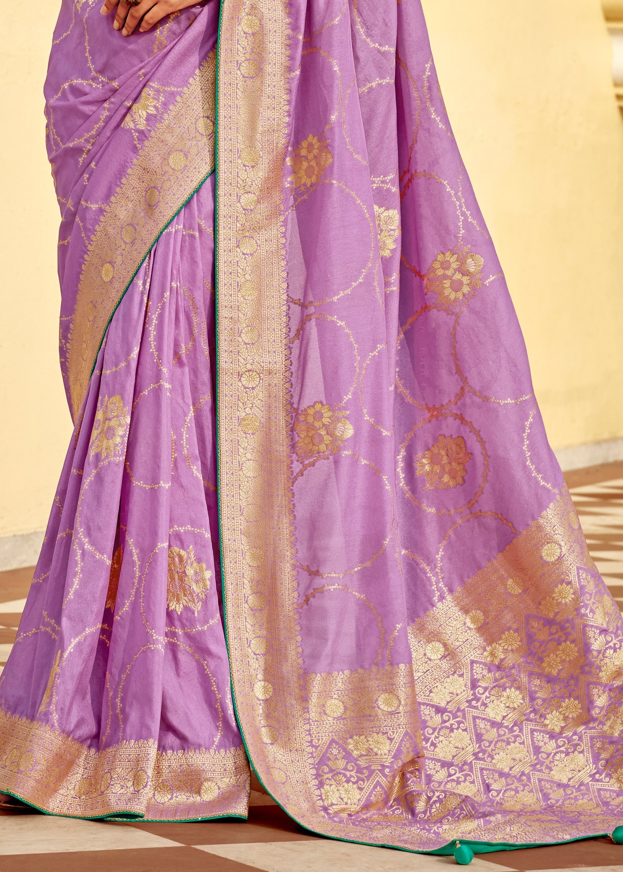 Lavender Purple Dola Silk Saree Embellished With Weaving Work And Heavy Embroidered Blouse - qivii