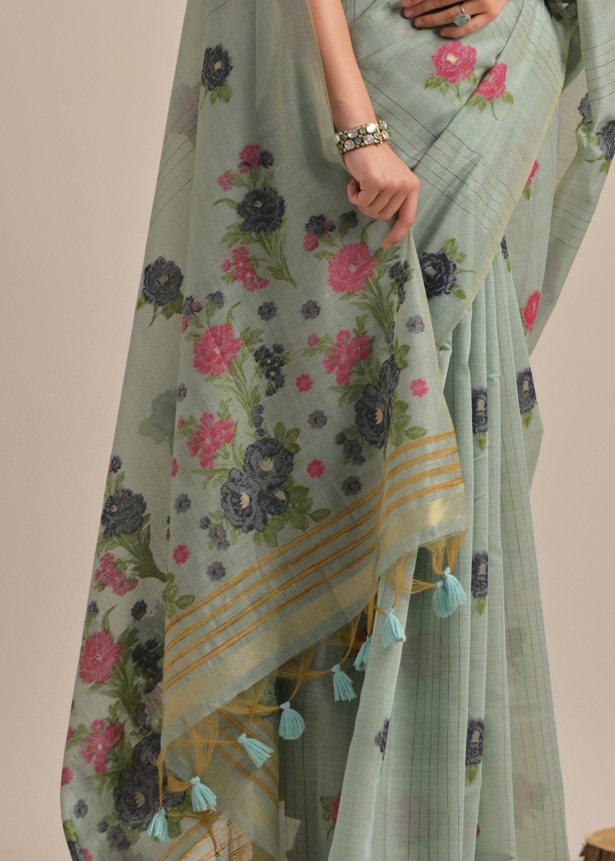 Cadet Blue Thread Woven Cotton Saree With Contrast Blouse - qivii