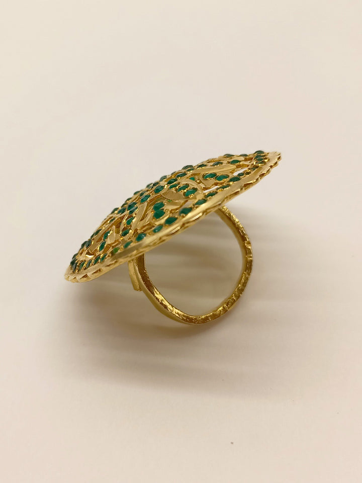 Handcrafted Devangi Green Jadau Finger Ring with intricate design and dazzling gemstones