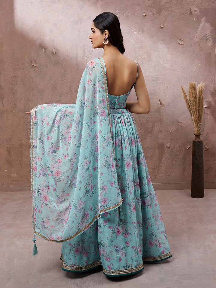 Turquoise Blue Organza Floral Printed Stitched Lehenga choli - qivii