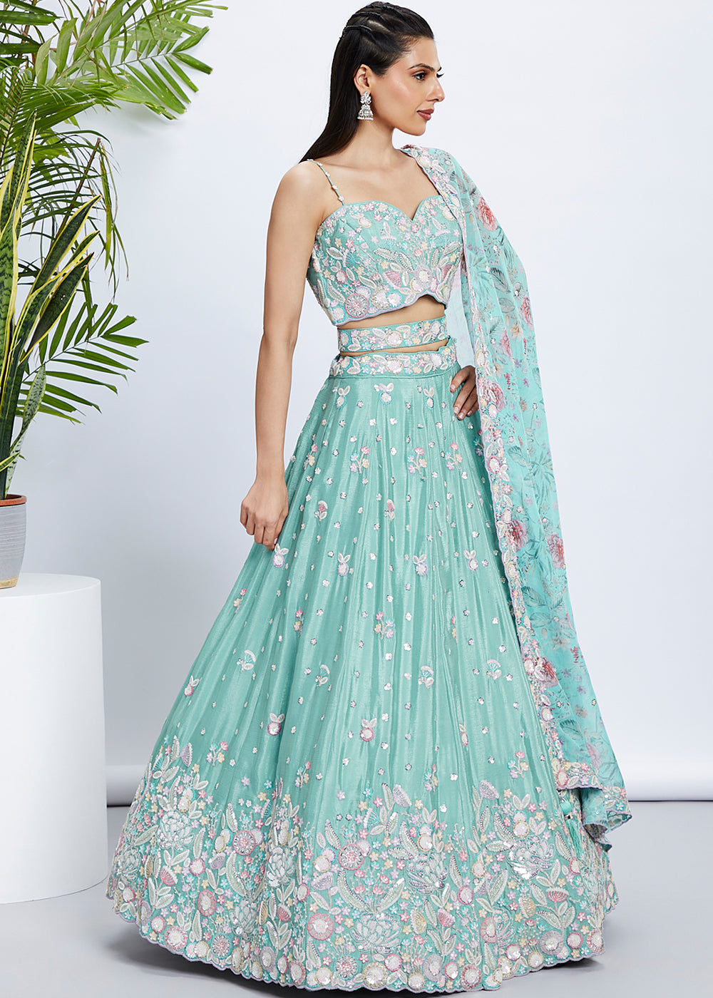 Blue Green Chiffon Lehenga Choli with Sequins & Thread Embroidery work | Ready To Wear - qivii