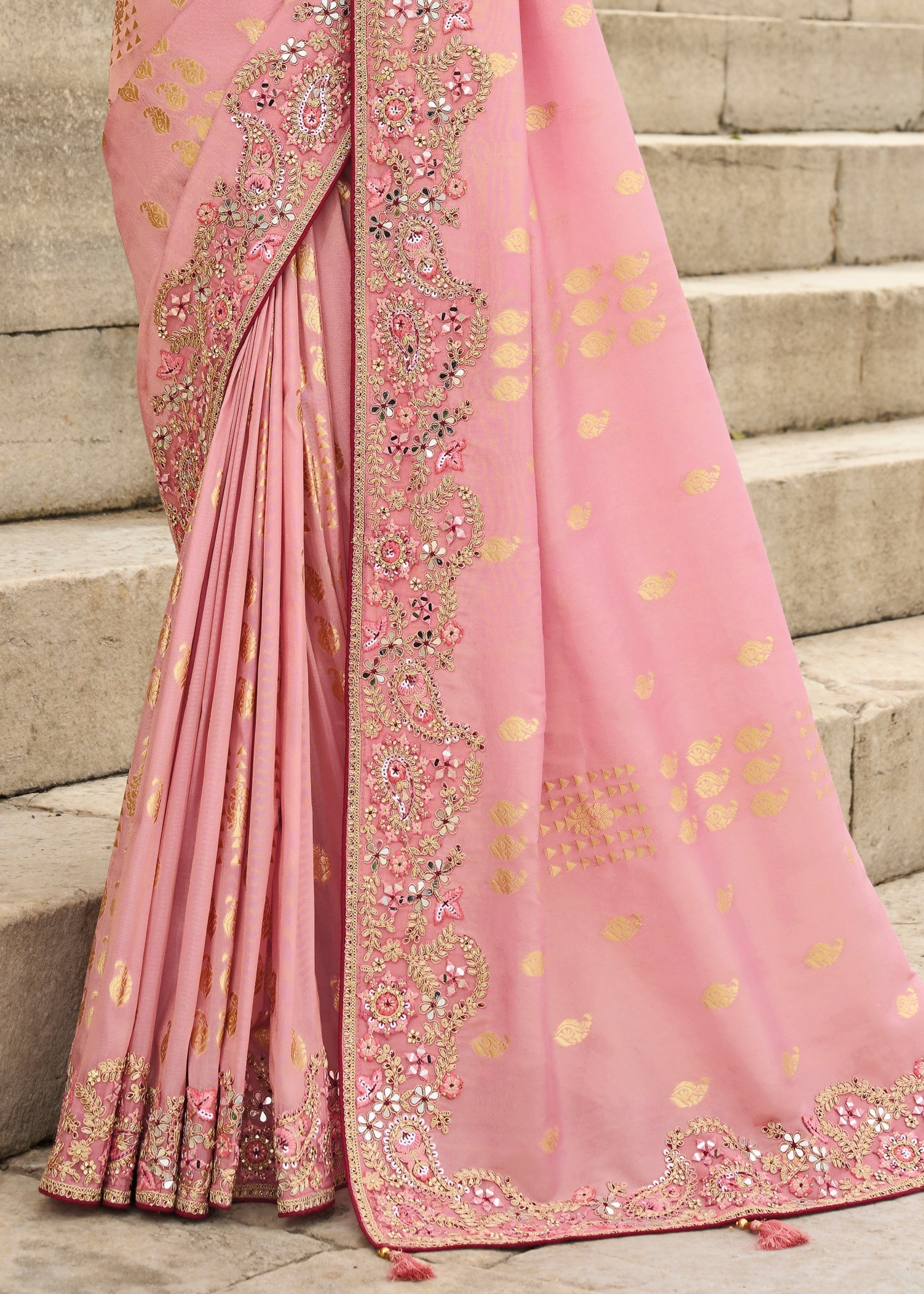 Light Pink Viscose Tissue Silk Saree With Embroidery Cut Work Border And Sequence Work - qivii