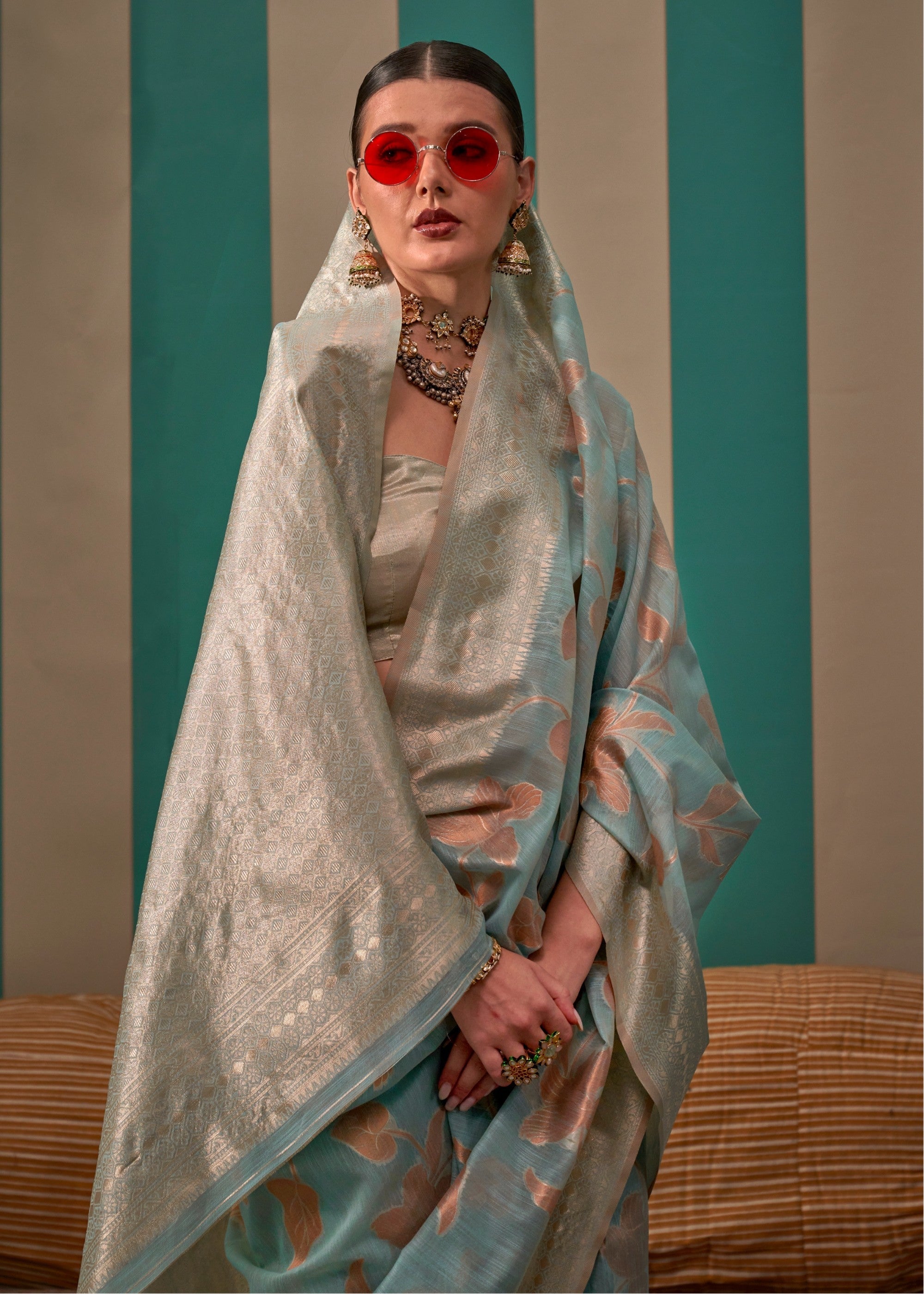 Light Blue Handloom Weaving Linen Saree - qivii