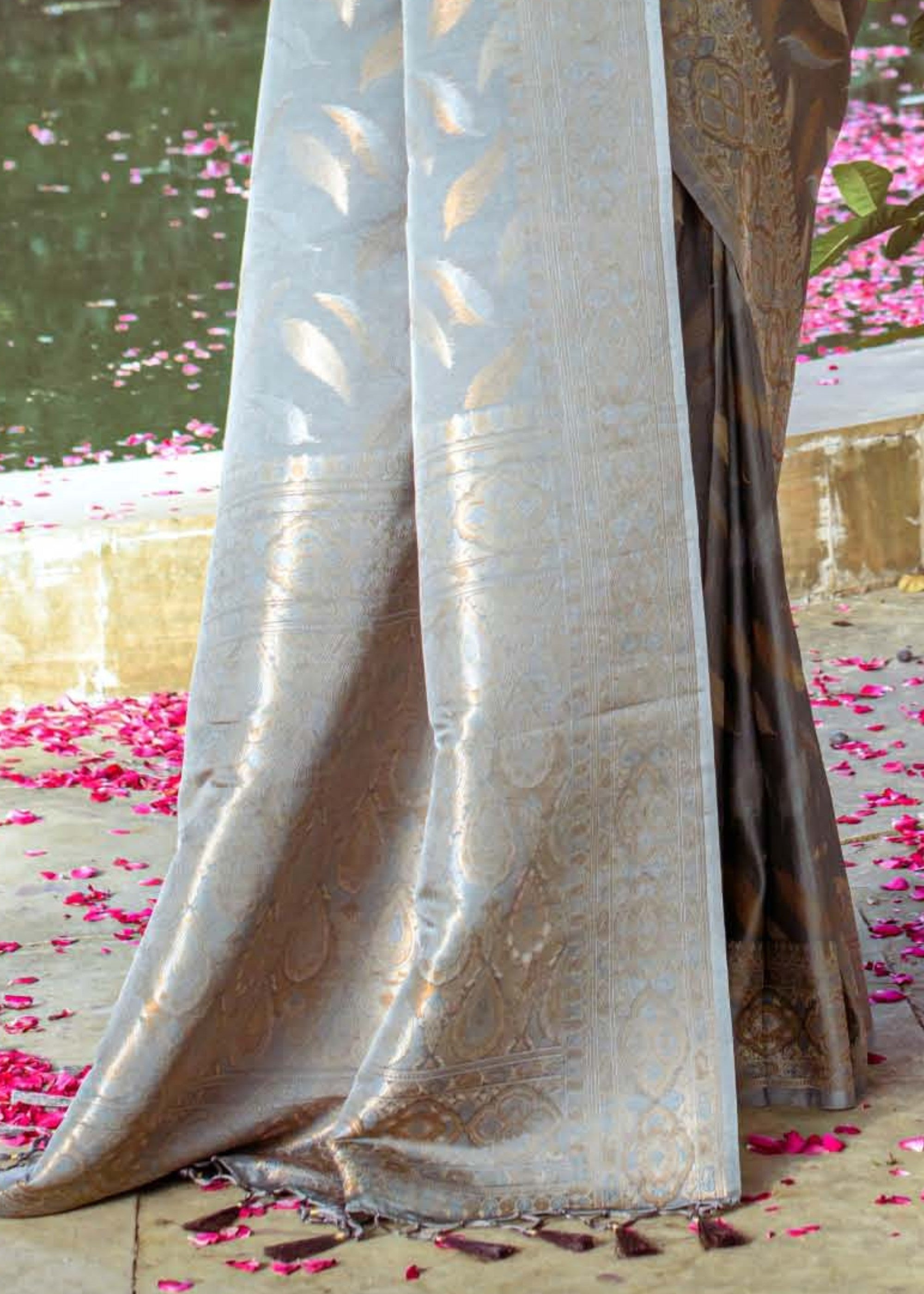 Flint Grey Zari Woven Silk Saree - qivii