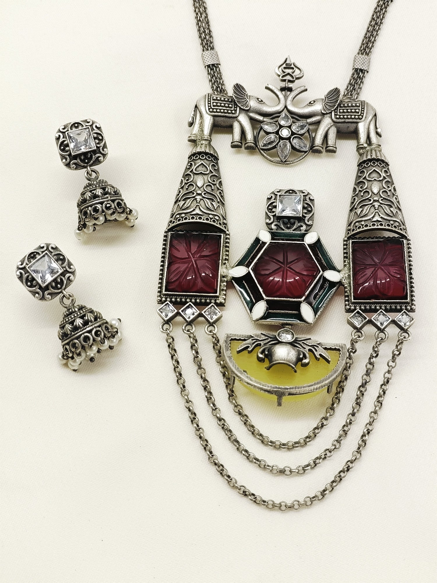 Qudsia Ruby Oxidized Pendant Set