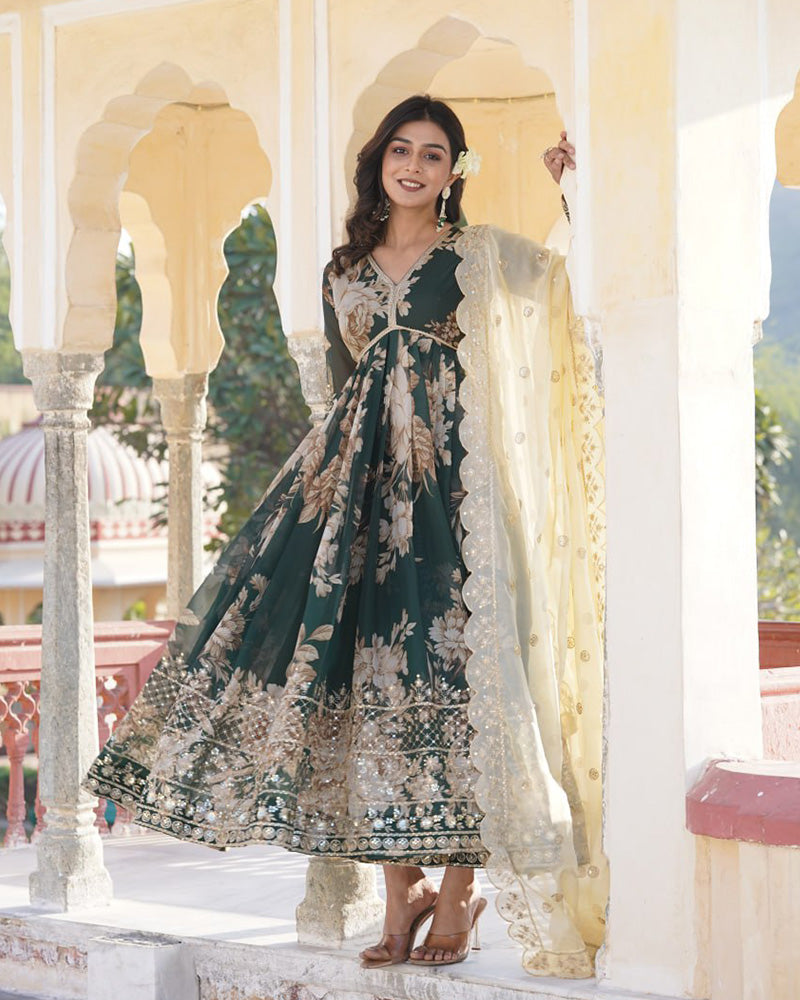 Designer Wedding Wear Printed Olive Green Color Gown With Dupatta  - By Qivii