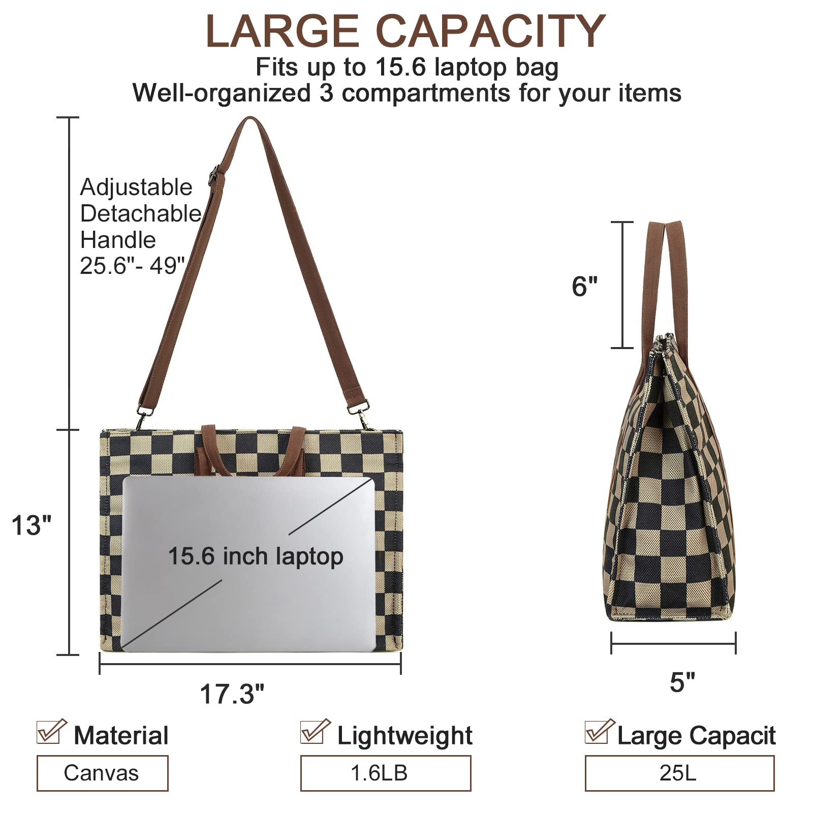 Ounamei Checkered Canvas Work Tote | Zippered Laptop Shoulder & Crossbody Bag (15.6–16”)