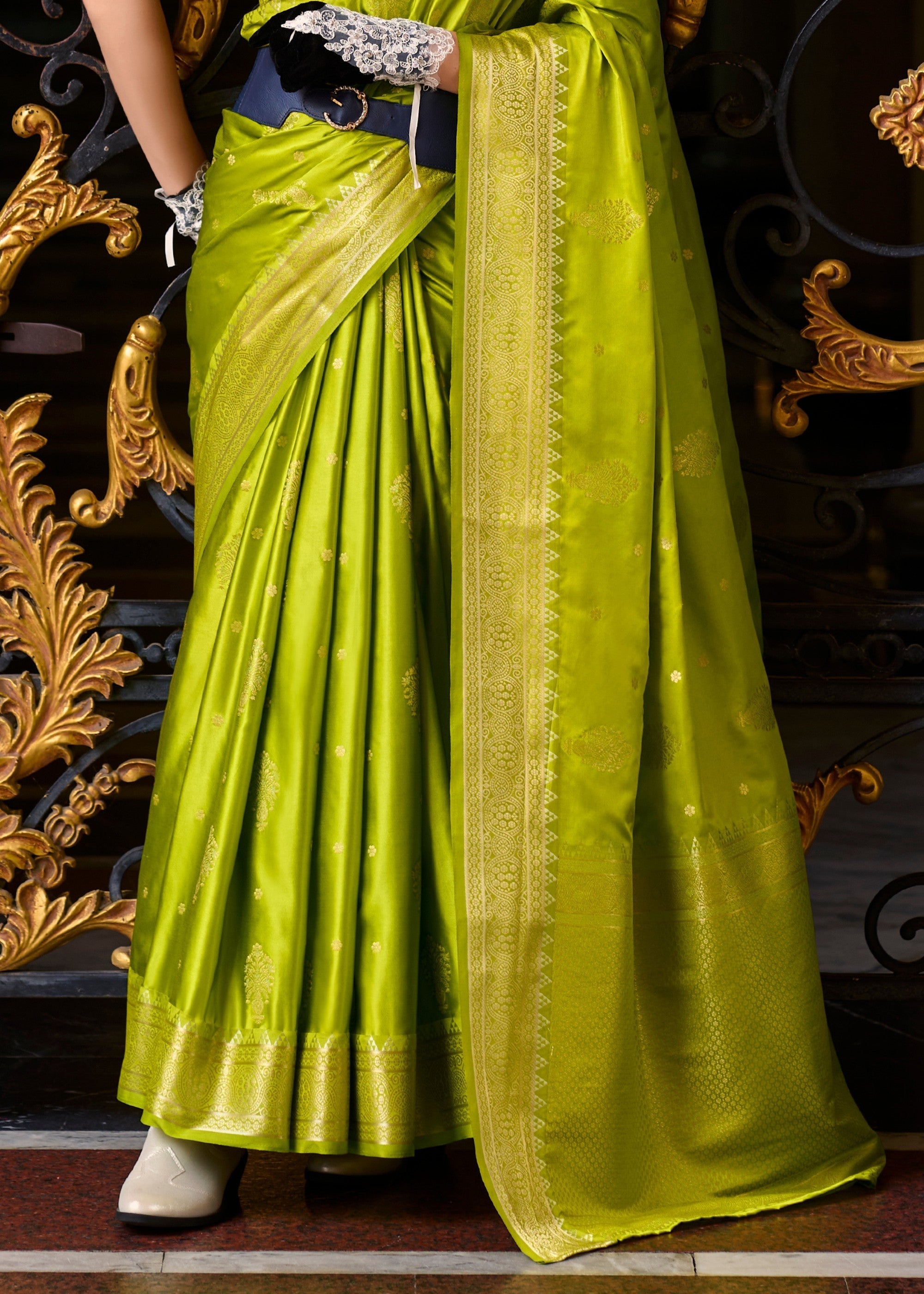 Volt Green Satin Mungha Silk Saree - qivii